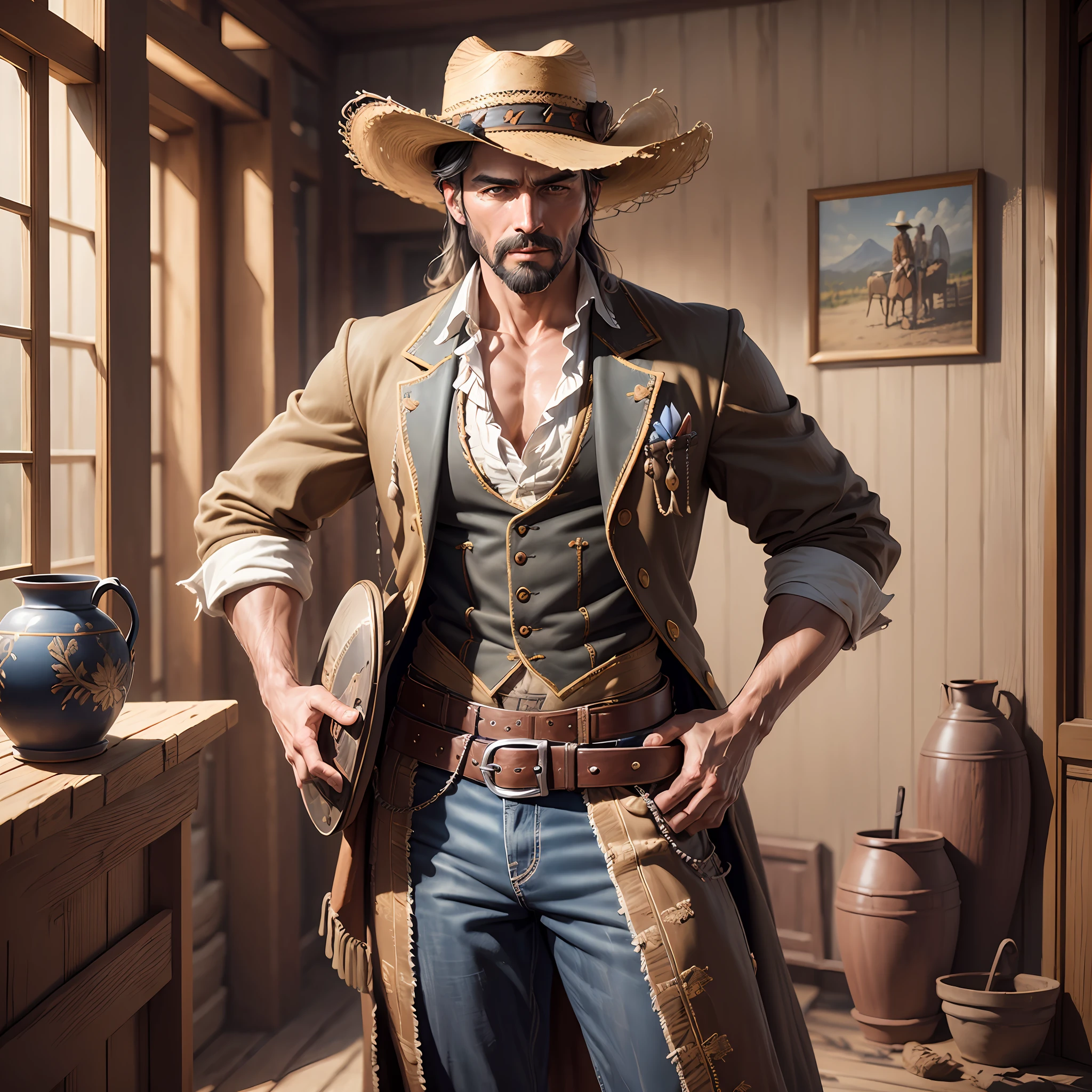 (extremely detailed unity 8k CG wallpaper), full body photo of the most beautiful work of a man dressed as a cowboy holding a clay vase,straw hat Panama model in close-up, torn jacket, nostalgia for the old west, trend in texas salon, Intricate, High Detail, Sharp focus, dramatic and photorealistic painting art of midjourney --auto --s2
