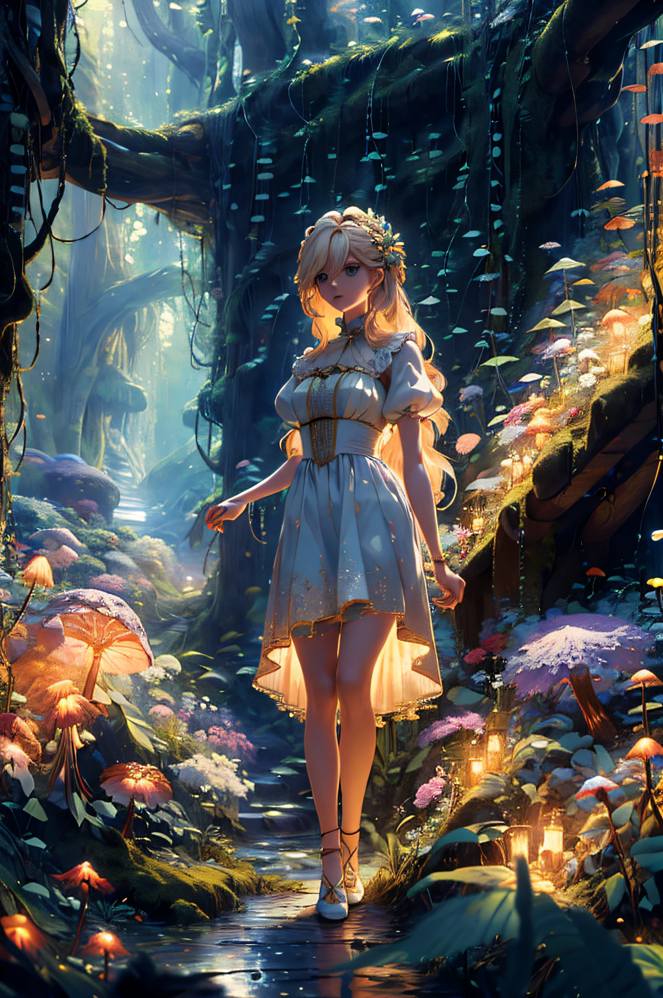 "((masterpiece)), superior quality, ultra-detailed, a delicate young blonde walking in an avatar-style forest, long, shiny hair, light clothes with ruffles, a mystical and magical atmosphere, tall, leafy trees behind her, stunning light effects, a spectacle of pure natural beauty."