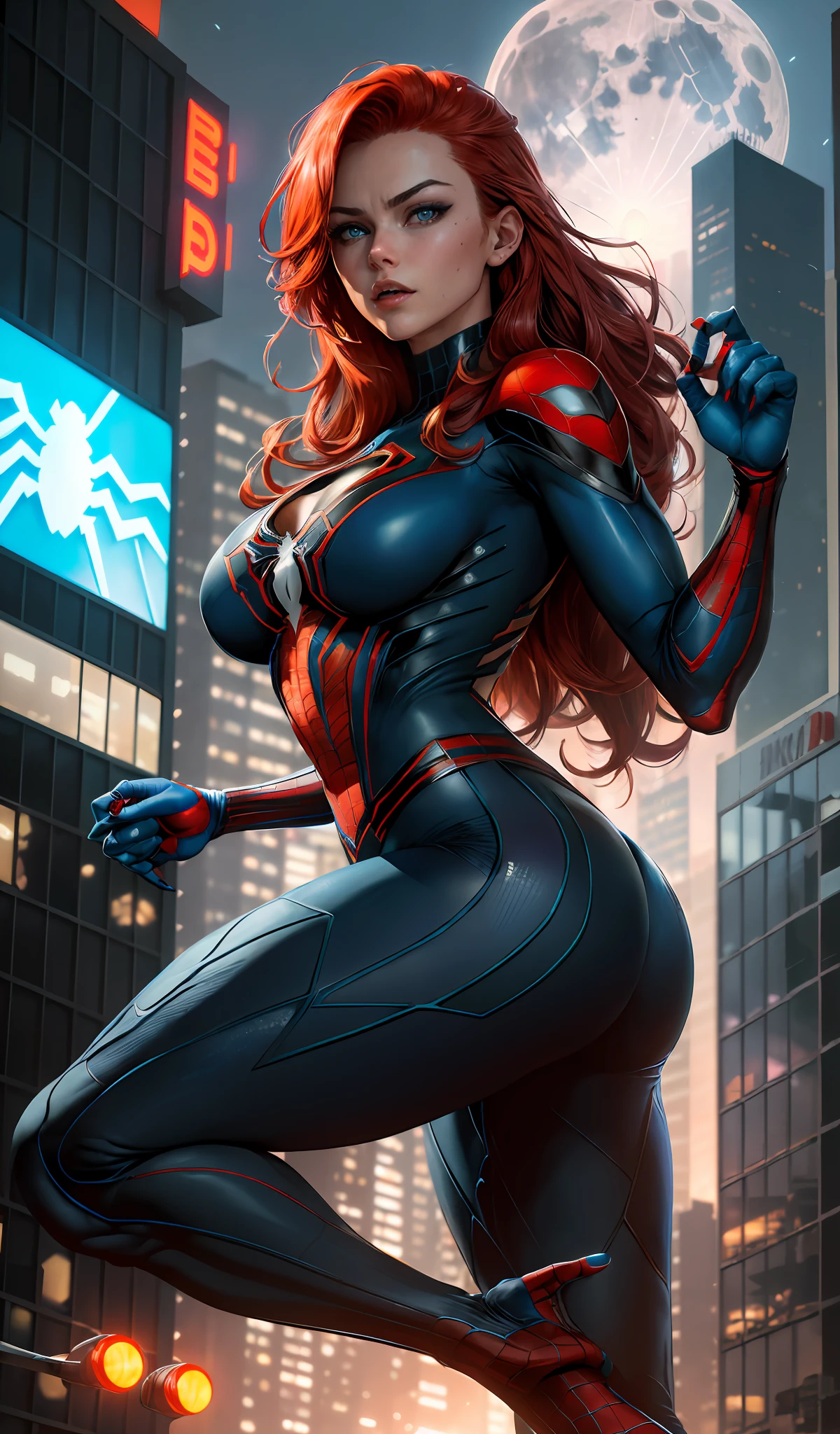 (Masterpiece, 4k resolution, ultra-realistic, very detailed), (White superhero theme, charismatic, there is a sexy girl with big breast at the top of the cyberpunk city, neon, neon signs, wearing a venom costume, she is a superheroine), [ ((beautiful), (long red hair: 1.2), (big breasts in deep neckline: 1.2), whole body, (blue eyes: 1.2), ((dynamic Spider-Man pose),  show of force, jumping from one building to another), ((cyberpunk urban environment):0.8)| (cityscape, night, dynamic lights), (full moon))], (beautiful hands, beautiful fingers, well drawn hands, delicate hand)