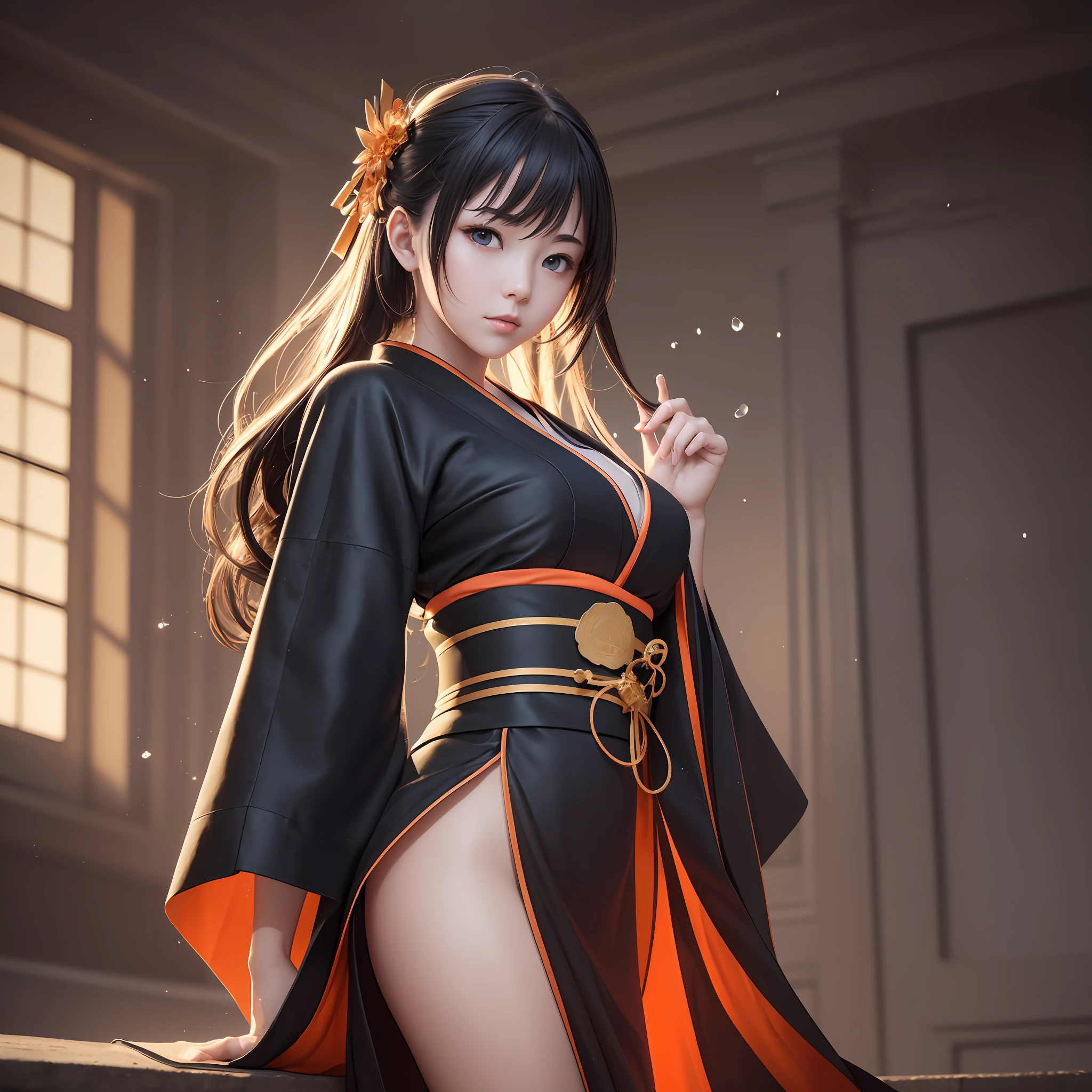 Best Quality, Masterpiece, Ultra High Resolution, (Realisticity: 1.4), Original Photo, 1Girl, Cinematic Lighting, Black Full Kimono, Depth of Field, Maximum Clarity and Sharpness, Multi-layer Texture, Albedo and Highlight Map, Surface Shading, Accurate Simulation of Light-Material Interactions, Perfect Proportions, Octane Rendering, Two-tone Lighting, Wide Aperture, Low ISO, White Balance, Rule of Thirds, 8K RAW, Masterpiece, Best Quality, (8k Very Detailed CG Unit Wallpaper) (Best Quality), (Best illustration), (Best shade) Red castle, bright orange AOL sunset passing through the castle, golden water droplets flying, (:1. 9), --auto --s2
