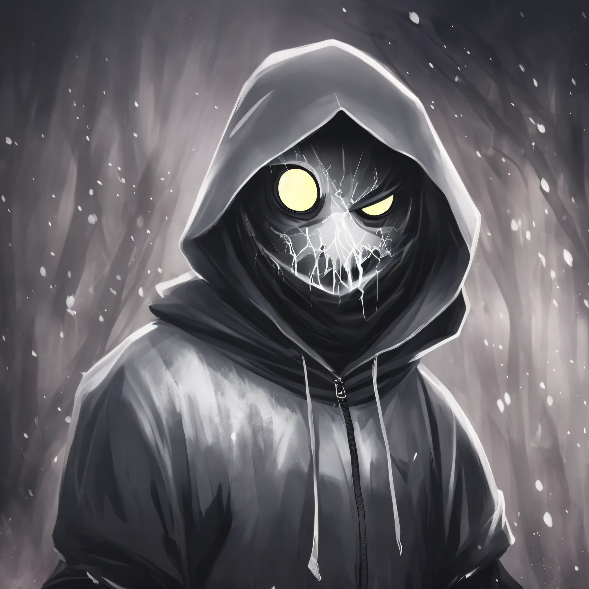 "(Cartoon style), angry eyes glowing white, empty black hood, no face, dark background, facing camera, (dark and mysterious atmosphere:1.2), -c 10 " --auto --s2