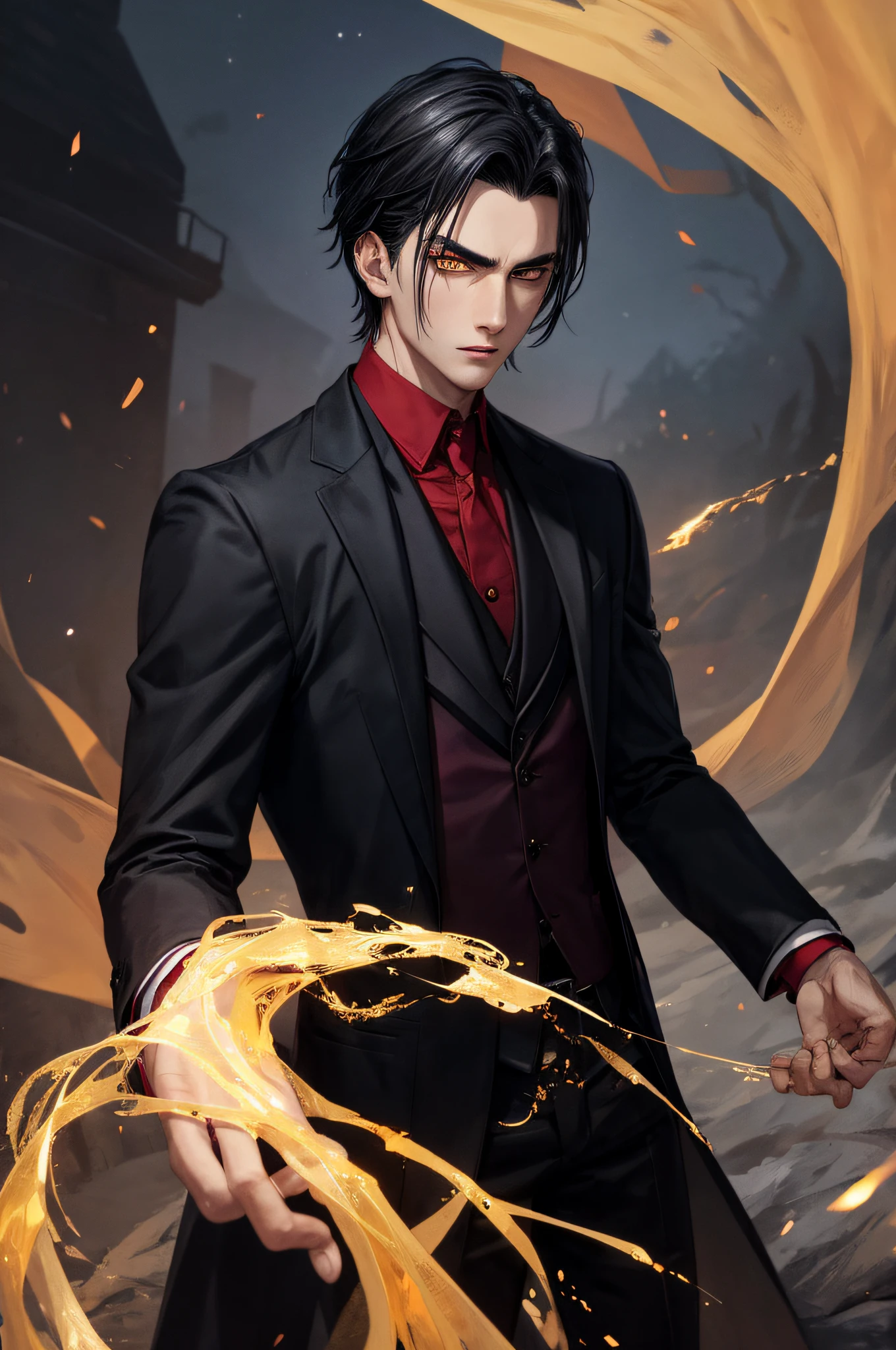 There is one young vampire handsome man with a perfect thin face face, clean-shaven, with yellow eyes, thin eyebrows, straight nose and long straight black hair in black long old clothes, a thin young man of 30 years old throws fire with his hands, an expression of rage on his face, his eyebrows are drawn together, his eyes are burning, the background is a dark burning forest at night, full-length