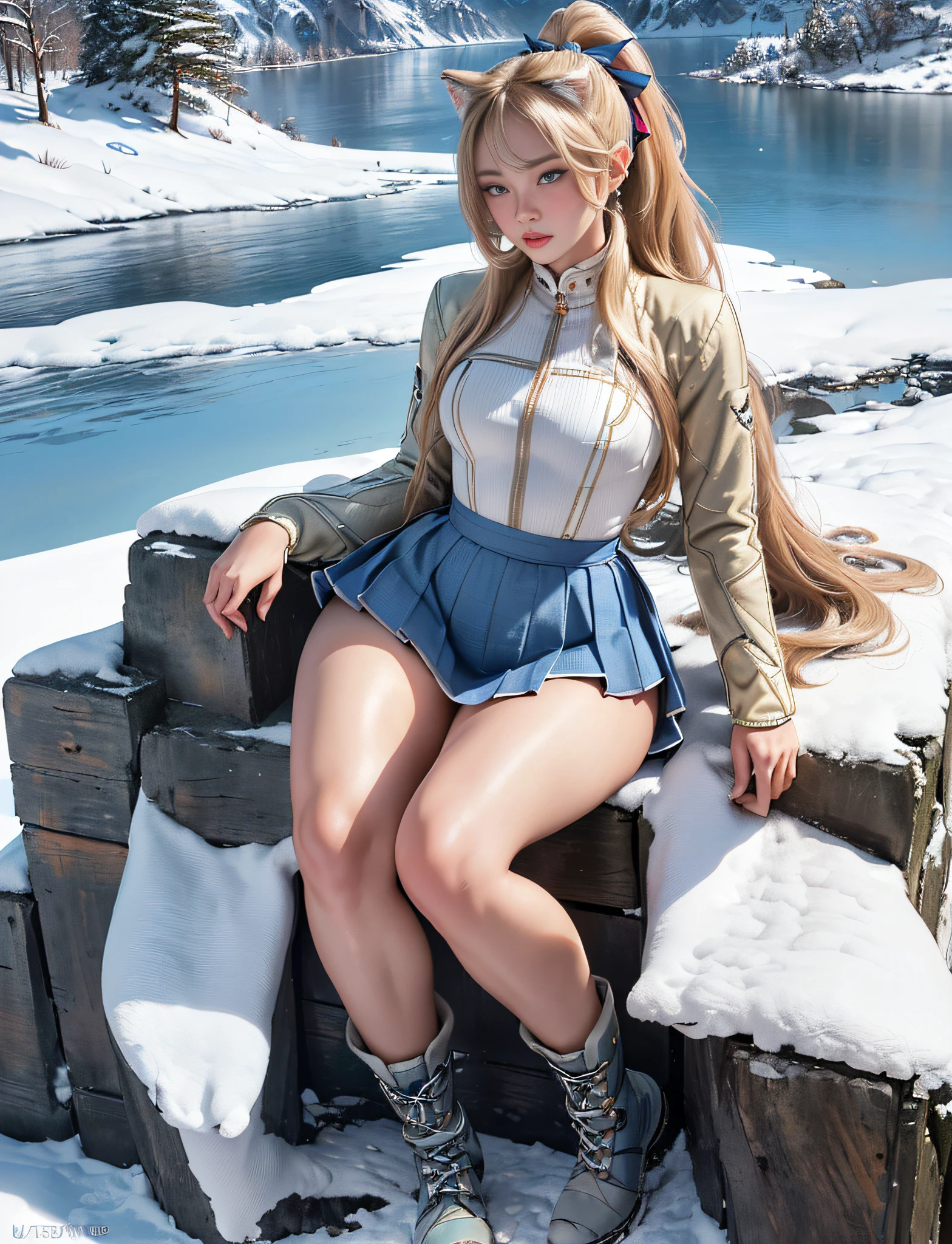 ((very detailed RAW color photo)), (((1 girl))), (((alone))), (((14 years))), ((athletic)), ((very defined toned physique)), ((very defined and beautiful muscular body)), (((very detailed perfect body))), (((small and defined breasts))), (((ultra defined curves))), (((superior quality, 8k, masterpiece: 1.3)), sharp focus: 1.2, (((extremely beautiful girl with perfect figure: 1.4))), ((very thin waist: 1.2)), ultra detailed skin texture, ((perfect and beautiful hands)), ((smooth and soft skin)), (ultra detailed fabric texture), extremely beautiful ultra detailed face, (((extremely beautiful))), intricate details, ultra detailed, (((girl wearing a tight thermal mountain jacket with skirt and hiking boots))), (((extremely long straight blonde hair))), extremely beautiful, (((extra long ponytail with bangs))), ((very detailed and beautiful wolf ears)), (hair on the face), ((hair ribbon)), dynamic pose, ((uniform leaves thighs exposed)), ((ultra detailed and toned legs)), (((ultra detailed waist))), (((very wide hips))), (((very thick and toned thighs))), (sexy), (((extreme hourglass figure))), (((very thick heart lips))), ((red lipstick)), ((ultra detailed lips)), ((ultra detailed blue eyes)), ((angry look)), (((staring at the viewer))), ultra-detailed provocative mouth, extremely beautiful seductive lips, ((blushing)), (makeup), (((ultra-defined waist))), eye shadow, (full body shot), on a snowy mountain, outdoors, with a beautiful lake.