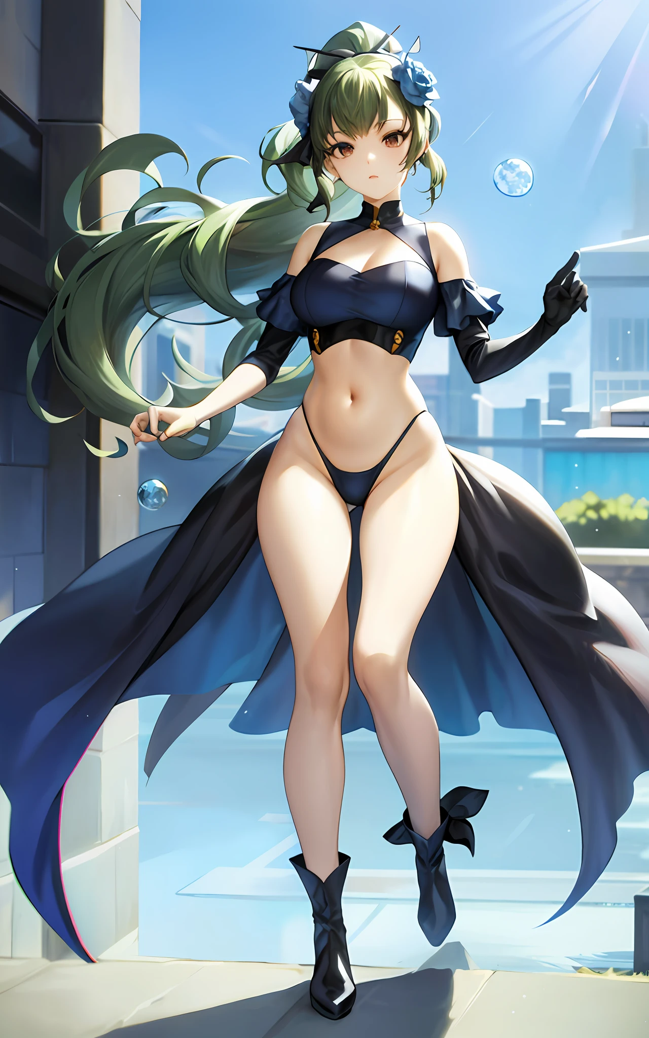 Masterpiece, top quality, Iori Fuyusaka 1, 1 girl, solo, (transparent bodysuit), hair flowers, hair ornaments, (exposed shoulders and thighs)), exposed abdomen, plump body, long high ponytail hair, full body, green hair, long boots, gray eyes, looking at the viewer, very detailed urban background, (ulzzang-6500: 0.8)
