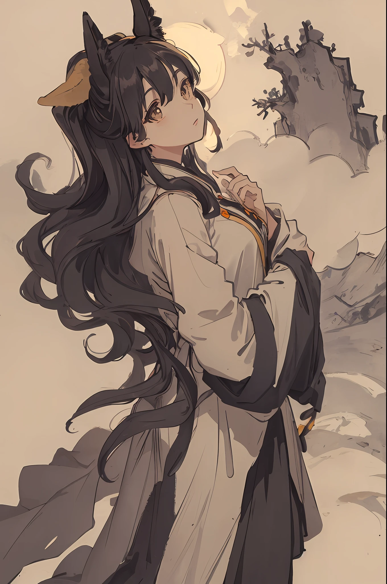 Masterpiece, best quality, night, hills, clouds, full moon, long hair, woman, silhouette, firefly.