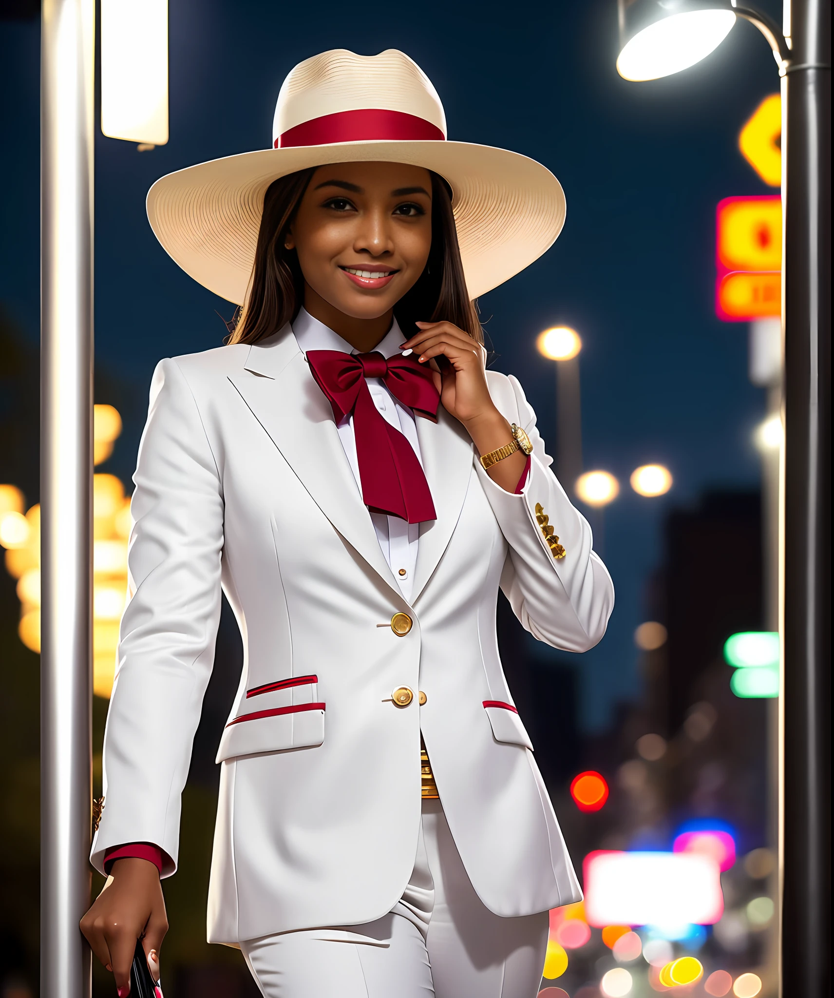 glamorous style, masterpiece, best quality, 8k, art station, sharp focus, ((superrealistic)), high details, raw photo portrait a woman in white suit, white Panama hat with a red bow on the hat, leaning against a ((light pole)) on a city street, ((overnight)), street photo, 30 year old woman, street photo, beautiful, smiling face, photo taken at night, on a street at night, trend photo, looking seductive, photos that go hard, in an urban environment, dirty streets, (((depth of field))):1.8 The expression lines on his face can be seen clearly. The texture of the Panama hat and clothes is exceptionally well detailed.