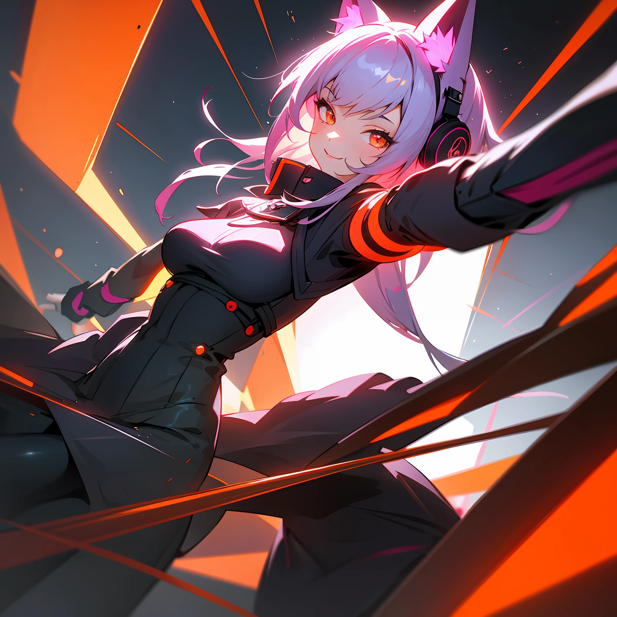 (masterpiece) Cute girl, cat ears, sorrindo, medium breasts, cabelo violeta platinado detalhado, Black and red jacket, skirt, following orange eyes, anime-inspired, dark room with glowing screens, immersive atmosphere, gaming equipment, futuristic technology, mesmerizing digital world, neon-lit arcade games, vivid and contrasting colors, lively and animated characters, soft shading and cell shading, immersive and detailed scenery, gaming idols and fantasy personalities, gamer girl with headphones, dynamic and playful poses.