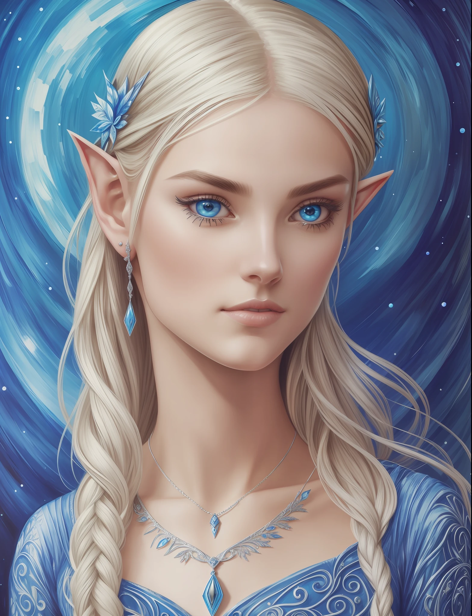a elf nymph, chiselled features face, blue eyes, blond disheveled hair, blue eyes, blue dress, silver necklace with crescent moon pendant, (thin intricate hairpin)+++, alien decorations, expressive pose, vivid colors, masterpiece, detailed painting, painting by Umberto Boccioni, by Aleksi Briclot, by Adam Paquette, by Adolf Hirémy-Hirschl, (Detailed and Intricate)+