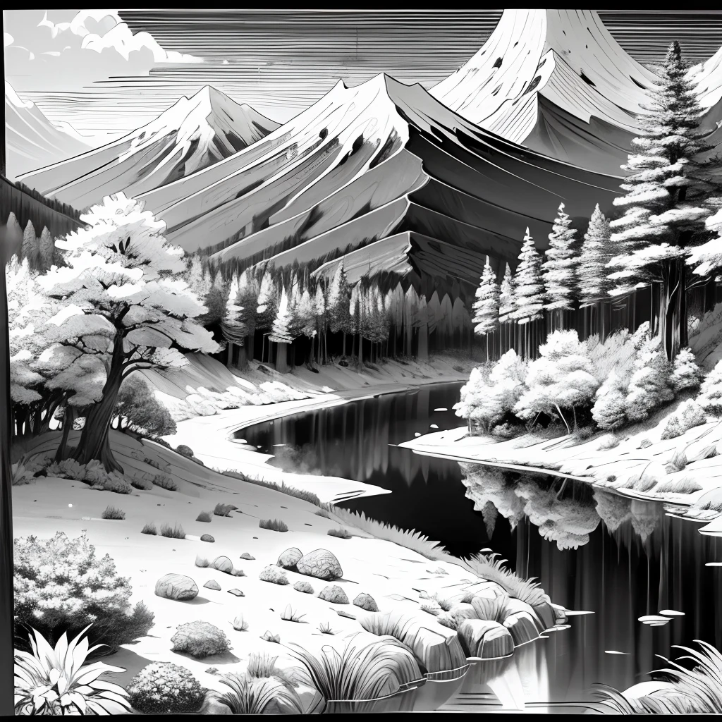 Coloring book, anime style. A landscape of a Japanese nature. sketch style, free lines, black and white, on paper,  sharp lines, anime, 8k, no shades --auto --s2