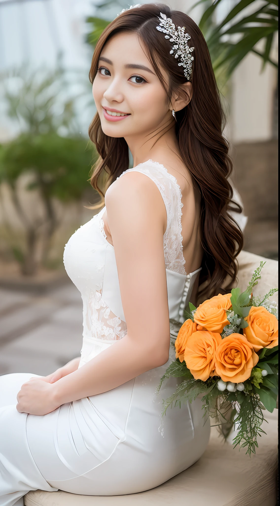 ((top quality, 8k, masterpiece: 1.3)), 1 girl, beautiful woman with emphasized plump abs: 1.3, full body, (long hair, small: 1.2), bride, bride hairstyle, veil, hair ornament, super delicate face, delicate eyes, double eyelids, smile, beach, white wedding dress, mermaid line dress, beach, orange flower bouquet on hand, sun, top quality, face focus, Soft Light, (Depth of Field), Ultra High Resolution, (Photorealistic: 1.4), RAW Photo, (Above Thigh: 1.4), (From Side: 1.2), One Japan Girl Seating, Solo, Cute, (Shy, Smile: 1.1), (Brown Eyes), Detailed Beautiful Face, (Midi Hair), Less Exposed Skin, Clean High