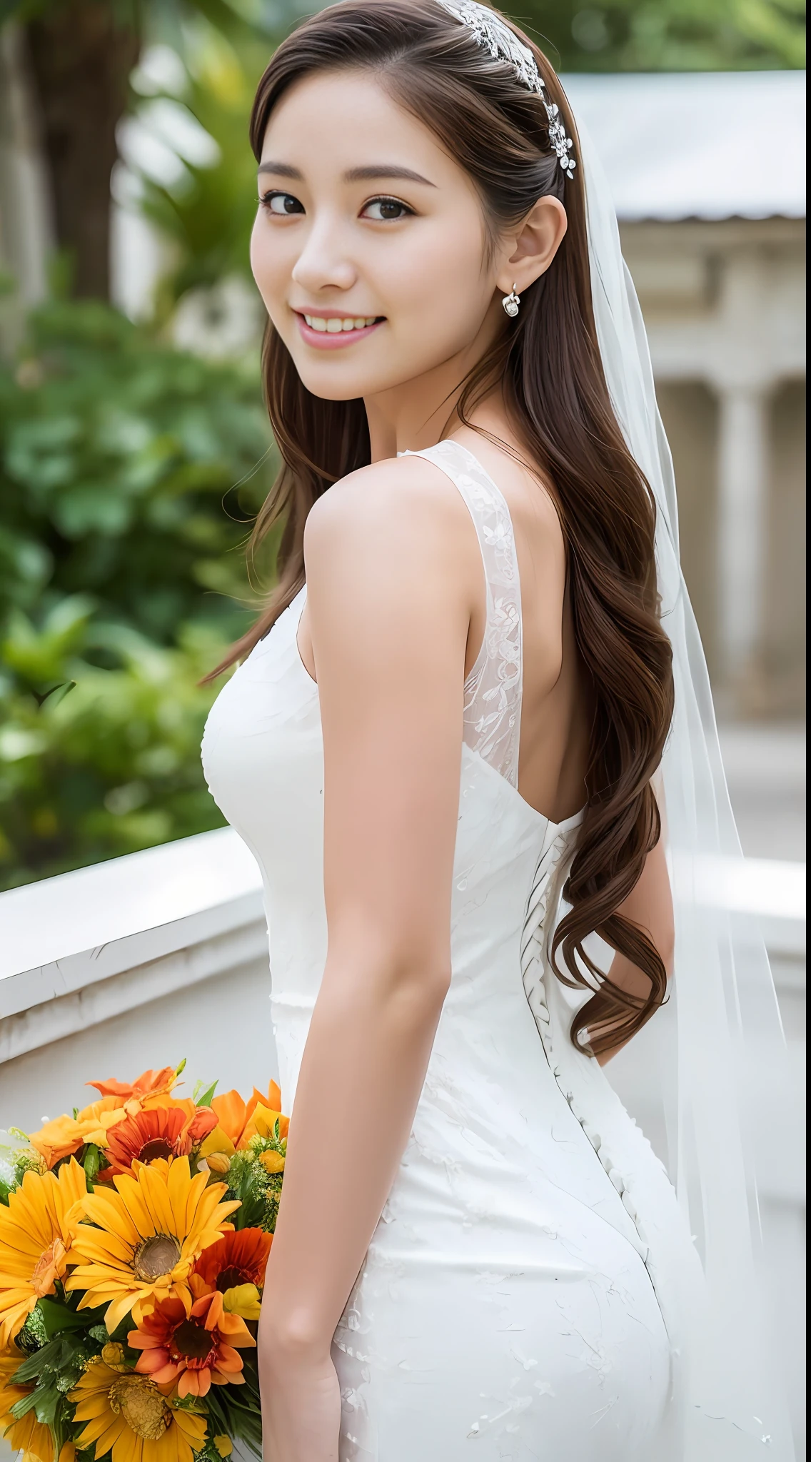 ((top quality, 8k, masterpiece: 1.3)), 1 girl, beautiful woman with emphasized plump abs: 1.3, full body, (long hair, small: 1.2), bride, bride hairstyle, veil, hair ornament, super delicate face, delicate eyes, double eyelids, smile, beach, white wedding dress, mermaid line dress, beach, orange flower bouquet on hand, sun, top quality, face focus, Soft Light, (Depth of Field), Ultra High Resolution, (Photorealistic: 1.4), RAW Photo, (Above Thigh: 1.4), (From Side: 1.2), One Japan Girl Seating, Solo, Cute, (Shy, Smile: 1.1), (Brown Eyes), Detailed Beautiful Face, (Midi Hair), Less Exposed Skin, Clean High