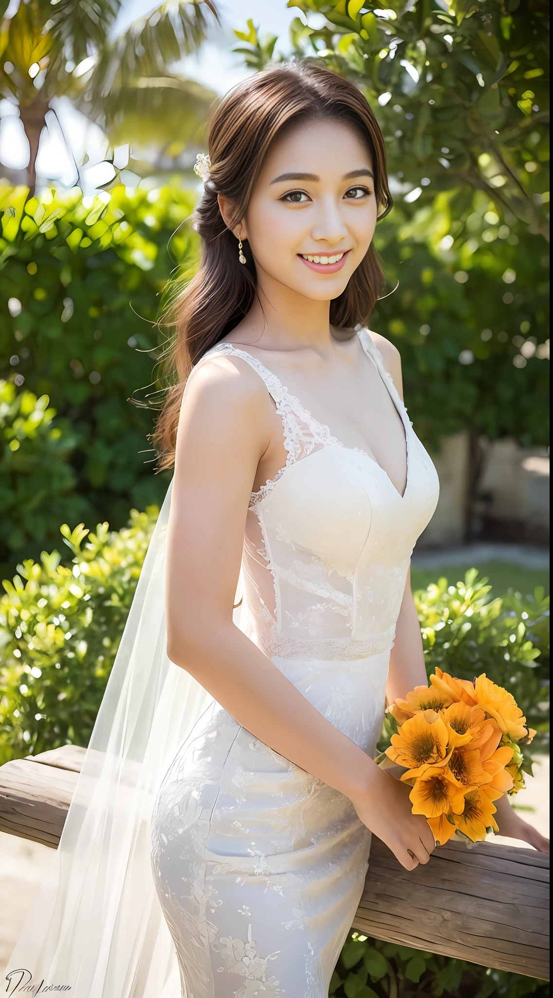 ((top quality, 8k, masterpiece: 1.3)), 1 girl, beautiful woman with emphasized plump abs: 1.3, full body, (long hair, small: 1.2), bride, bride hairstyle, veil, hair ornament, super delicate face, delicate eyes, double eyelids, smile, beach, white wedding dress, mermaid line dress, beach, orange flower bouquet on hand, sun, top quality, face focus, Soft Light, (Depth of Field), Ultra High Resolution, (Photorealistic: 1.4), RAW Photo, (Above Thigh: 1.4), (From Side: 1.2), One Japan Girl Seating, Solo, Cute, (Shy, Smile: 1.1), (Brown Eyes), Detailed Beautiful Face, (Midi Hair), Less Exposed Skin, Clean High