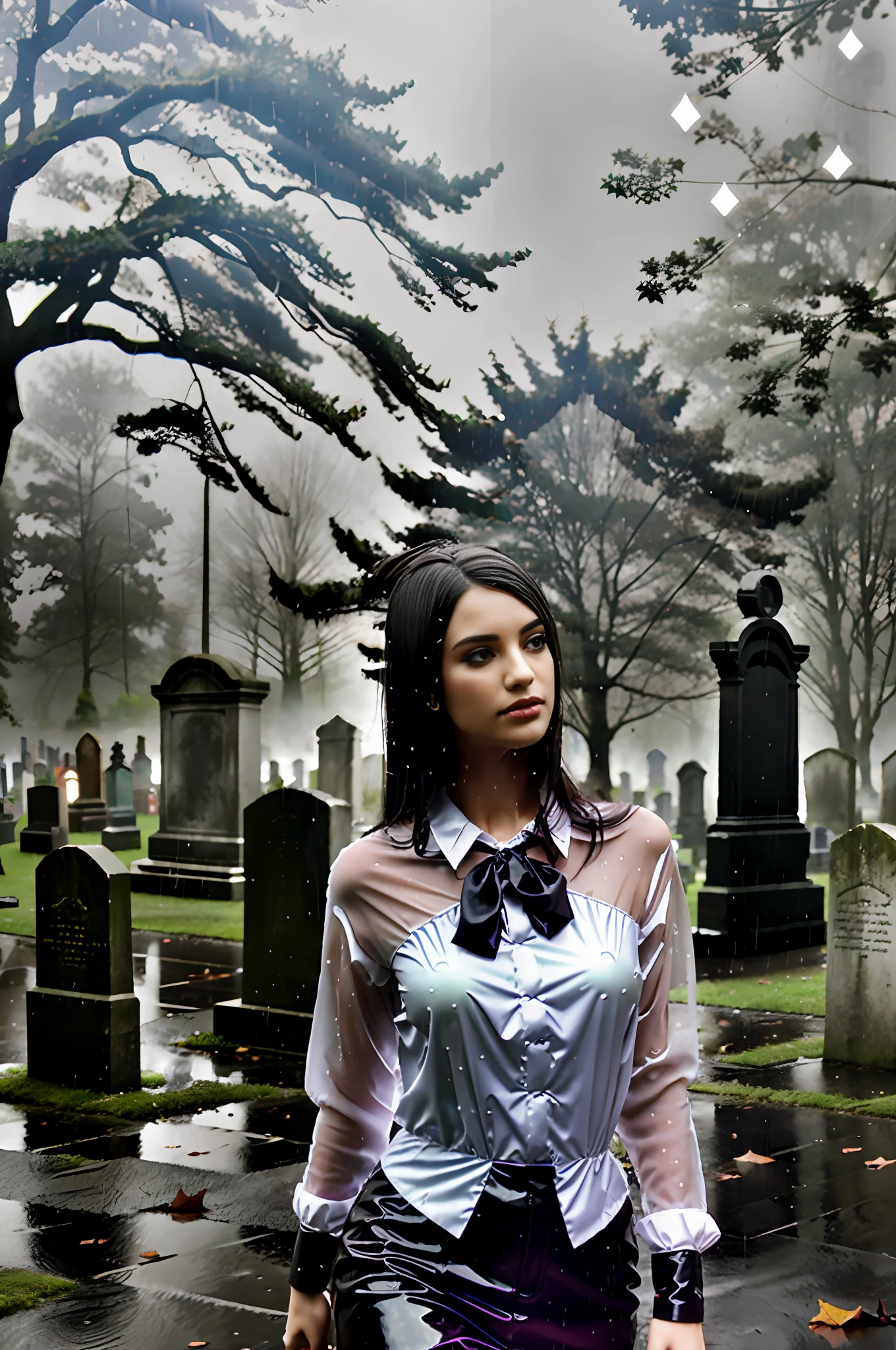 sexy girl being by a huge (best possible quality:1.5, photorealistic:1.3, rainy cemetery:1.2, abandoned cemetery grounds, ghosts:0.9, nether, chthonian, gloom:0.8, dark theme:0.9, dim light:0.9, floating fog, shady trees, light raindrops:0.8, collapsing foliage)