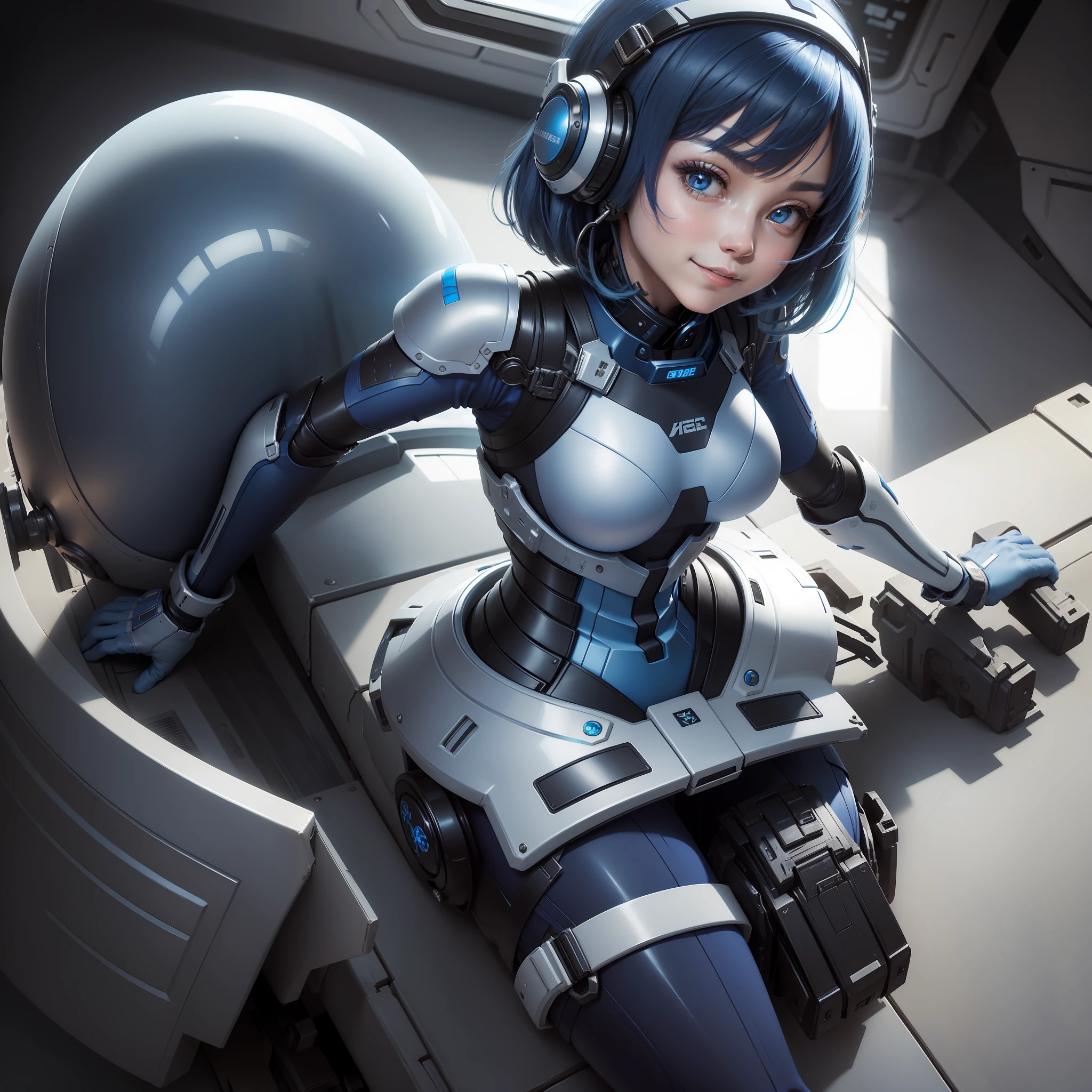 (masterpiece, highest quality, highest resolution, distinct_image, detailed details): (Solo, lone girl, face is Japan, blue haired girl, full body figure, bob cut, small size breasts, sparkling blue color eyes, pilot suit in metallic tone white and blue and black color, tight fit clothes, clothes covering the whole body, beauty, cuteness, slim body, exoskeleton, busy pose, White and blue and black metal armor, heroine, headset, boots, gentle smile, cockpit with fine details)