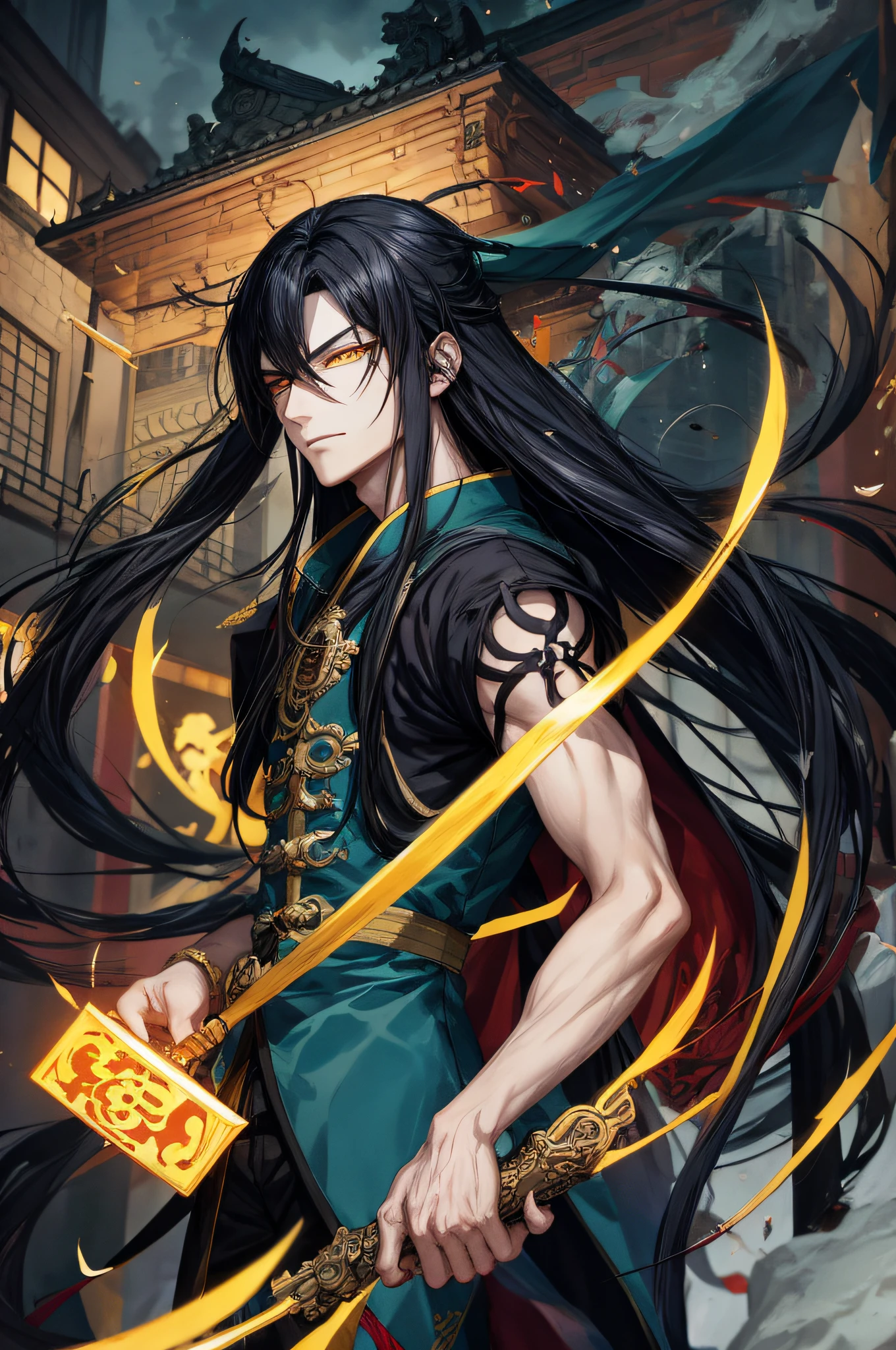 Anime character with long black hair and yellow burning eyes, dressed in long vintage black clothes, holding a glowing ring, Heise Jingyao, Yang Jay, handsome guy in demon slayer art, inspired by Yang Jin, inspired by Zhang Sengyao, Liulian art style inspired by Cao Busing, inspired by Lin Liang, full portrait of an elementalist inspired by Cao Zhibai