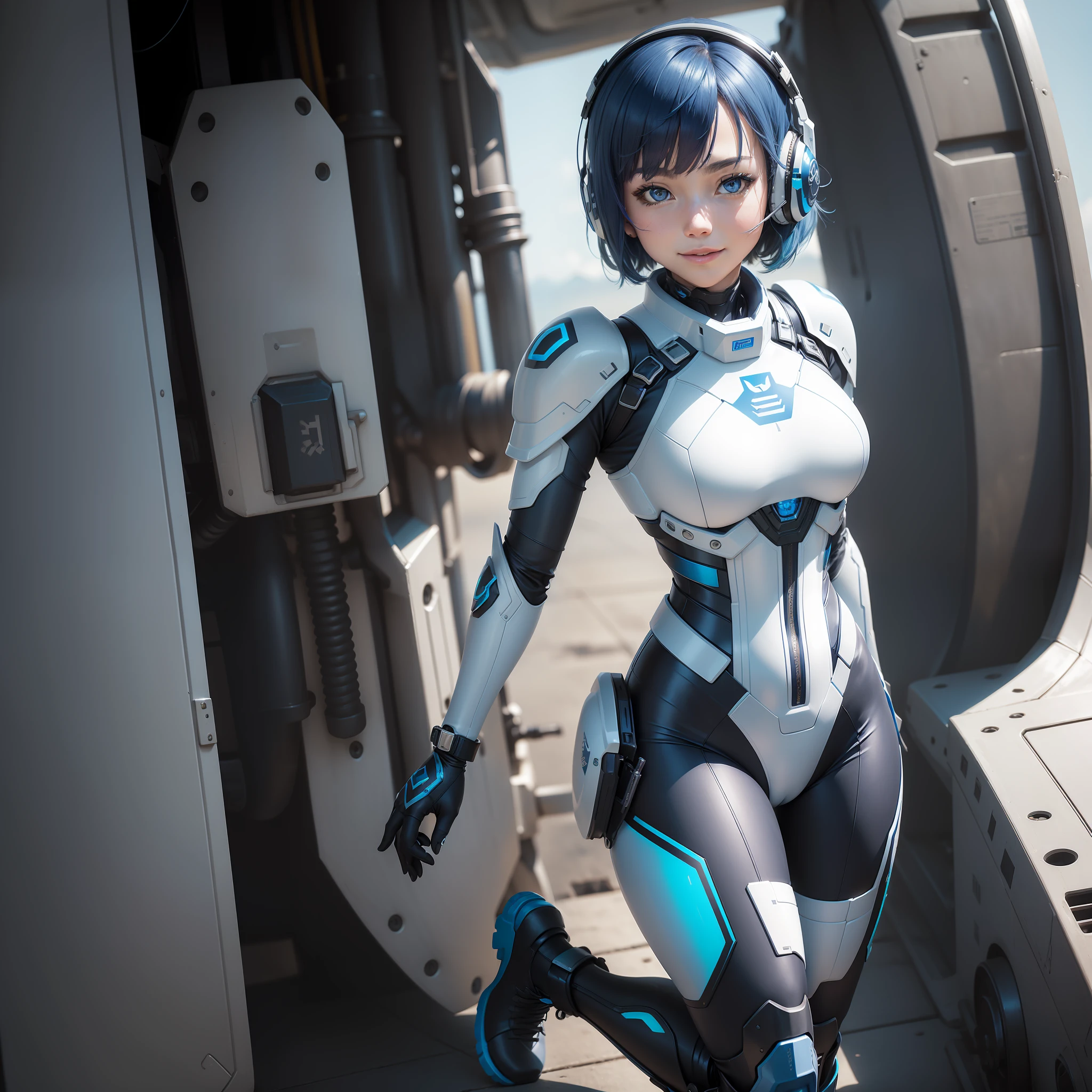 (masterpiece, highest quality, highest resolution, distinct_image, detailed details): (Solo, lone girl, face is Japan, blue haired girl, full body figure, bob cut, small size breasts, sparkling blue color eyes, pilot suit in metallic tone white and blue and black color, tight fit clothes, clothes covering the whole body, beauty, cuteness, slim body, exoskeleton, busy pose, White and blue and black metal armor, heroine, headset, boots, gentle smile, cockpit with fine details)