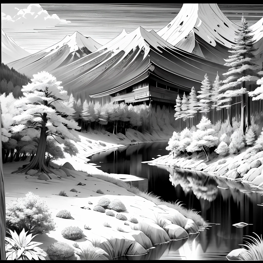 Coloring book, anime style. A landscape of a Japanese nature. sketch style, free lines, black and white, on paper, sharp lines, anime, 8k, no shades --auto --s2
