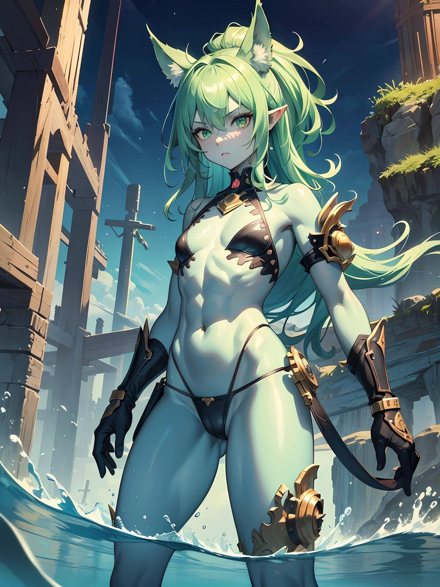 (hyper-realistic digital illustration), hires, best quality, goblin girl wearing micro thong, full mast, erect bulge, see-through thong , underwater world, wide angle, swimming, athletic body, male, iridescent skin, flat chest, silver eyes, green hair styled in spikes, determined expression, bioluminescent lighting, small waist, bare shoulders, big mane, slim scruffy, muscular , illustration, watercolor ink sketch, (best quality)), intricate detailed,