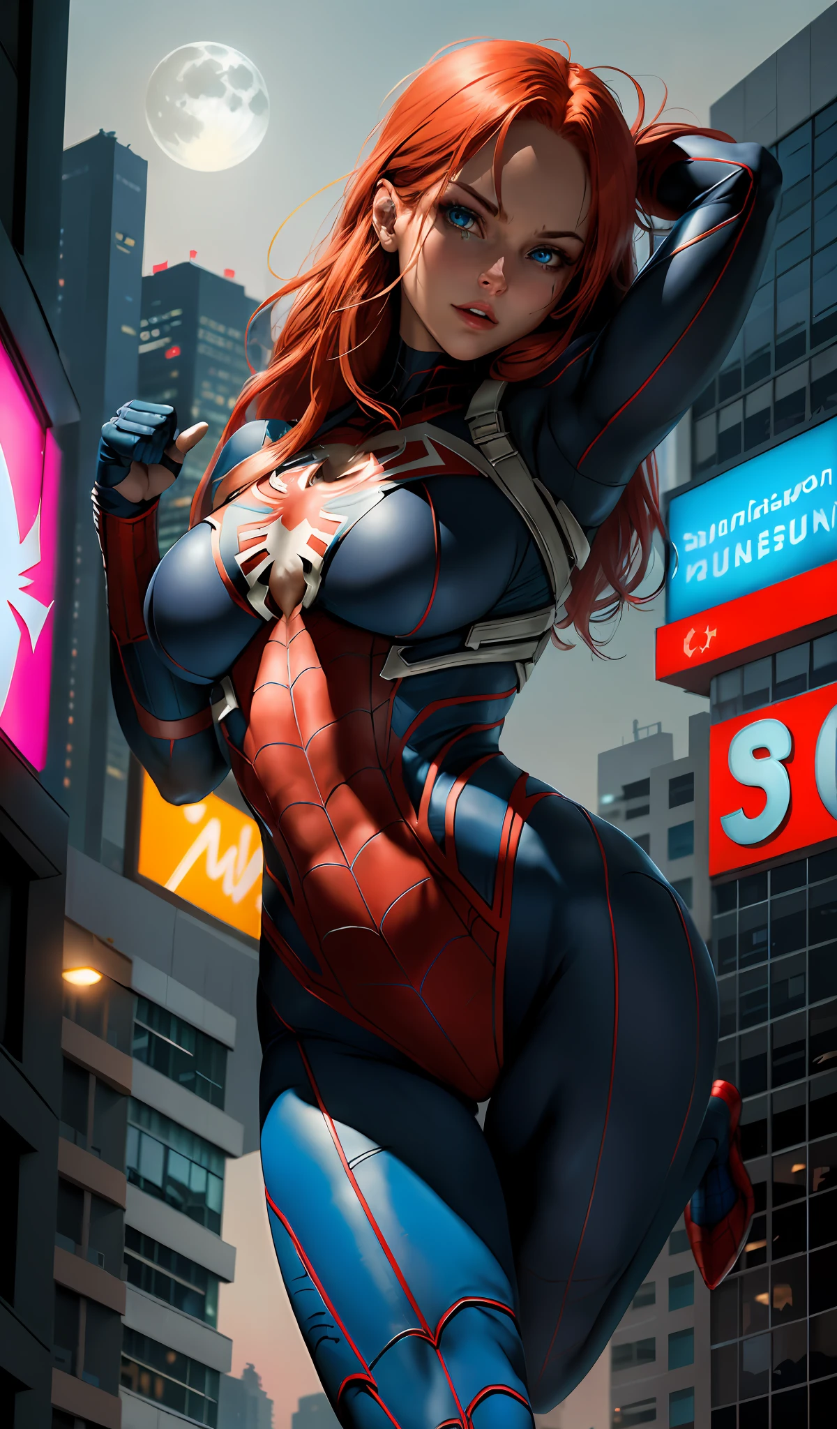 (Masterpiece, 4k resolution, ultra-realistic, very detailed), (White superhero theme, charismatic, there is a girl at the top of the cyberpunk city, neon, neon signs, wearing a venom costume, she is a superheroine), [ ((gorgeous), (long red hair: 1.2), (big breasts in deep neckline: 1.2), whole body, (blue eyes: 1.2), ((dynamic Spider-Man pose), show of strength,  jump from one building to another), ((cyberpunk urban environment):0.8)| (cityscape, night, dynamic lights), (full moon))], (beautiful hands, beautiful fingers, well drawn hands, delicate hand)
