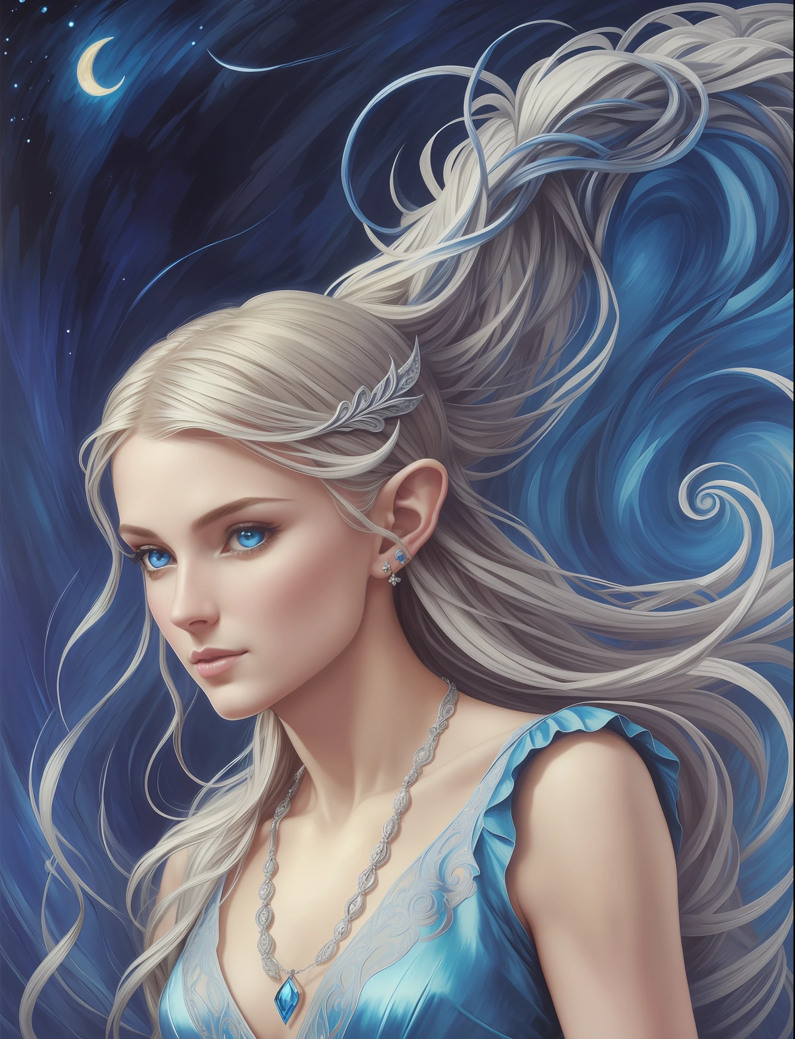 a elf nymph, chiselled features face, blue eyes, blond disheveled hair, blue eyes, blue dress, silver necklace with crescent moon pendant, (thin intricate hairpin)+++, alien decorations, expressive pose, vivid colors, masterpiece, detailed painting, painting by Umberto Boccioni, by Aleksi Briclot, by Adam Paquette, by Adolf Hirémy-Hirschl, (Detailed and Intricate)+