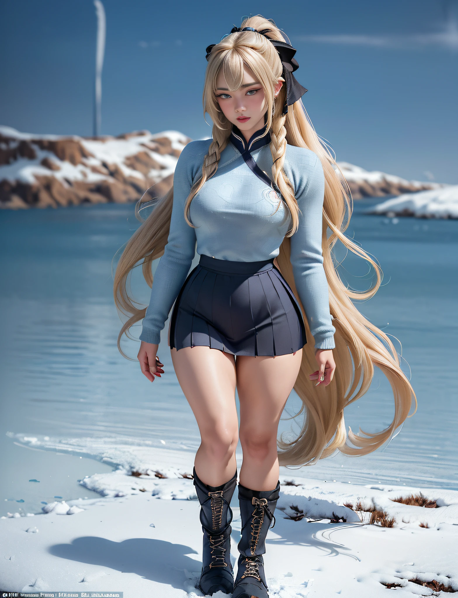 ((very detailed RAW color photo)), (((1 girl))), (((alone))), (((33 years))), ((athletic)), ((very defined toned physique)), ((very defined and beautiful muscular body)), (((very detailed perfect body))), (((small and defined breasts))), (((ultra defined curves))), (((superior quality, 8k, masterpiece: 1.3)), sharp focus: 1.2, (((extremely beautiful girl with perfect figure: 1.4))), ((very thin waist: 1.2)), ultra detailed skin texture, ((perfect and beautiful hands)), ((smooth and soft skin)), (ultra detailed fabric texture), extremely beautiful ultra detailed face, (((extremely beautiful))), intricate details, ultra detailed, (((girl wearing a tight thermal mountain jacket with skirt and hiking boots))), (((extremely long straight blonde hair))), extremely beautiful, (((extra long ponytail with bangs))), ((very detailed and beautiful wolf ears)), (hair on the face), ((hair ribbon)), dynamic pose, ((uniform leaves thighs exposed)), ((ultra detailed and toned legs)), (((ultra detailed waist))), (((very wide hips))), (((very thick and toned thighs))), (sexy), (((extreme hourglass figure))), (((very thick heart lips))), ((red lipstick)), ((ultra detailed lips)), ((ultra detailed blue eyes)), ((angry look)), (((staring at the viewer))), ultra-detailed provocative mouth, extremely beautiful seductive lips, ((blushing)), (makeup), (((ultra-defined waist))), eye shadow, (full body shot), on a frozen lake in Siberia