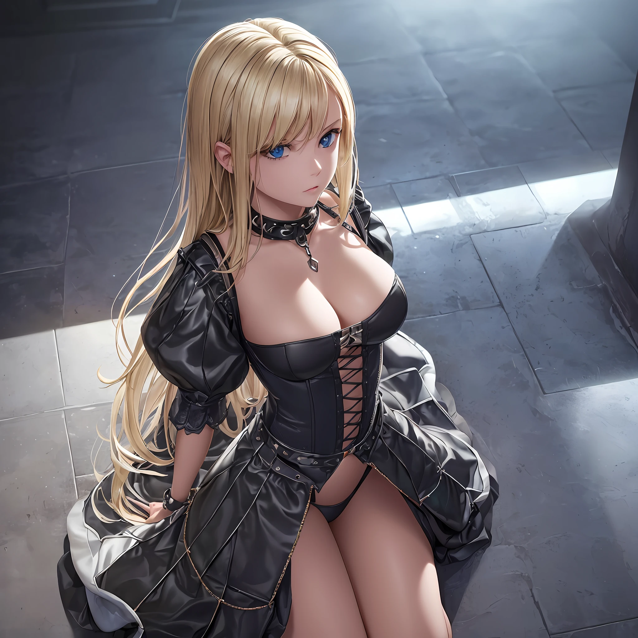 extremely detailed outfit, ??????? her back and big ass, thin strap shirt, (((photorealism)))), cyber realism, 16k, (1girl), collar, (totally sideways)chain on the neck, kneeling on all fours, extremely realistic skin, clothes with details, (blonde hair), (dark room), white lights (((view from above)))