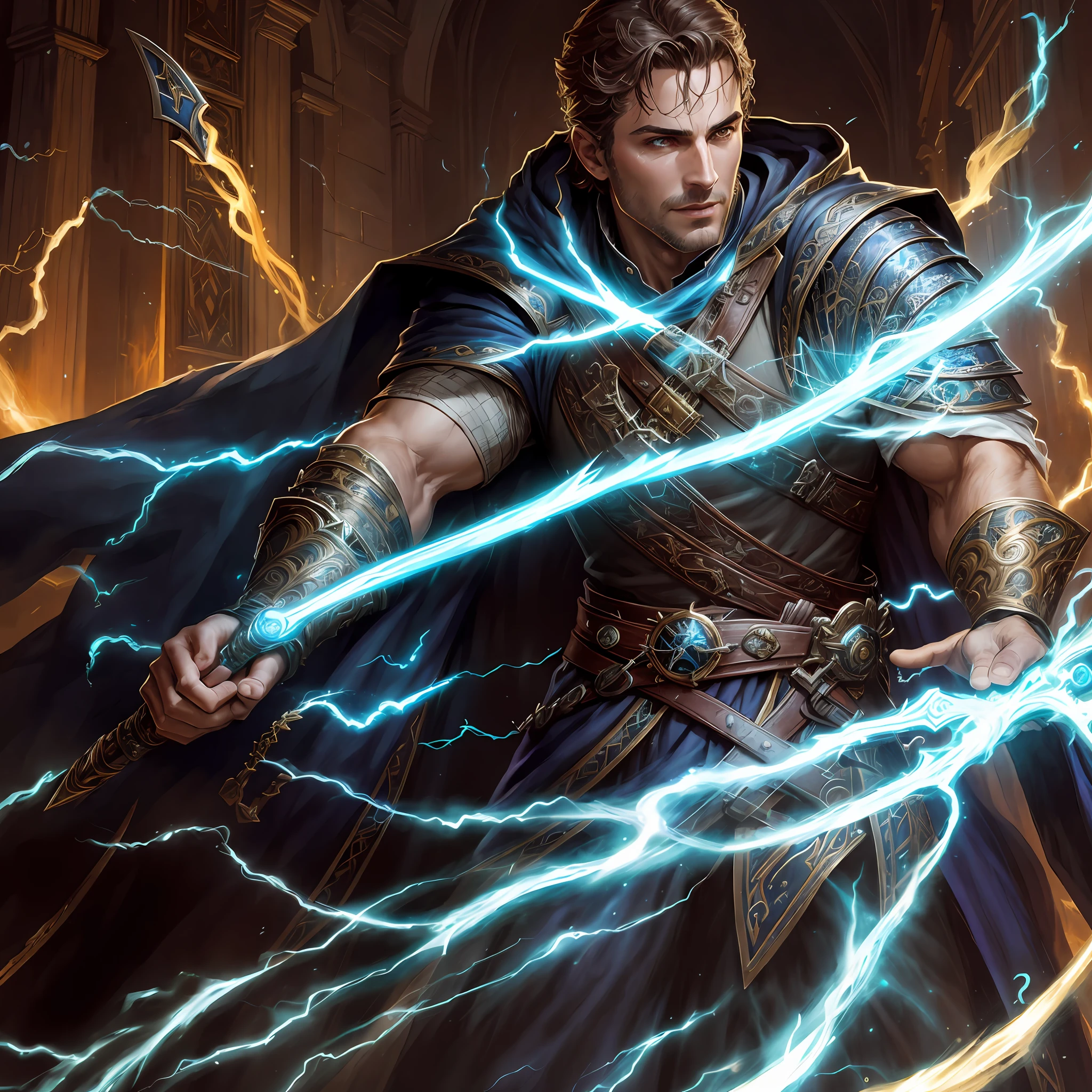 a close up of a man holding a sword and lightning, lightning fantasy magic, kaladin stormblessed, fantasy card game art, epic fantasy card game art, magic : the gathering art, mark brooks detailed, full portrait of electromancer, full art, magic the gathering art, magic the gathering card art, tyler edlin fantasy art --auto --s2