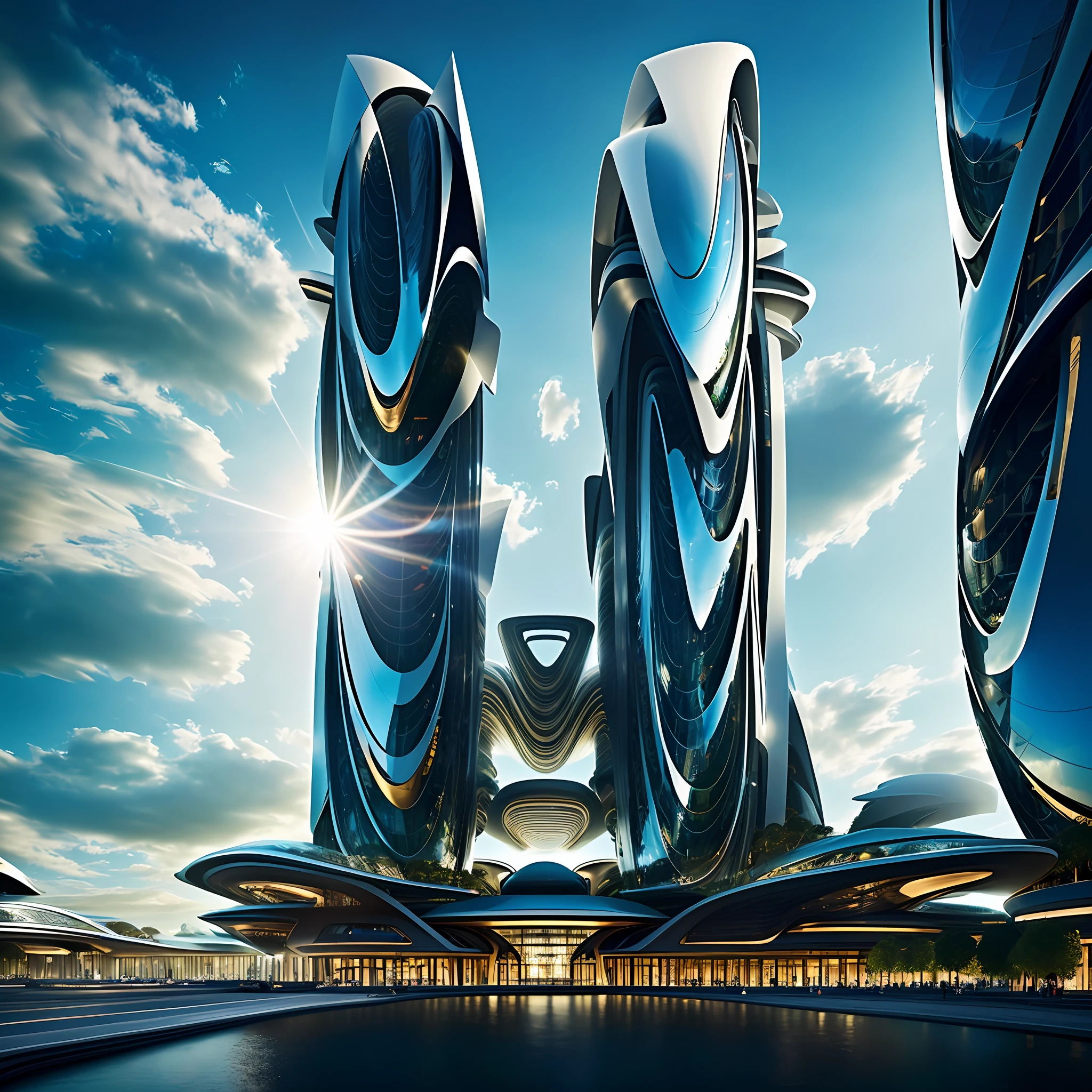 (absolutely stunning:1.2, futuristic and avant-garde:1.3), (best quality, ultra-detailed: 1.2) CG rendering of Zaha Hadid's architectural masterpiece, floating in space, (dynamic angle, dynamic camera movement), breathtaking lighting, (intense shadows and highlights:0.9), (metallic materials: 1.2), (contrasting colors: 1.1), (minimalist lines and shapes: 1.1), sleek and elegant design, otherworldly atmosphere.