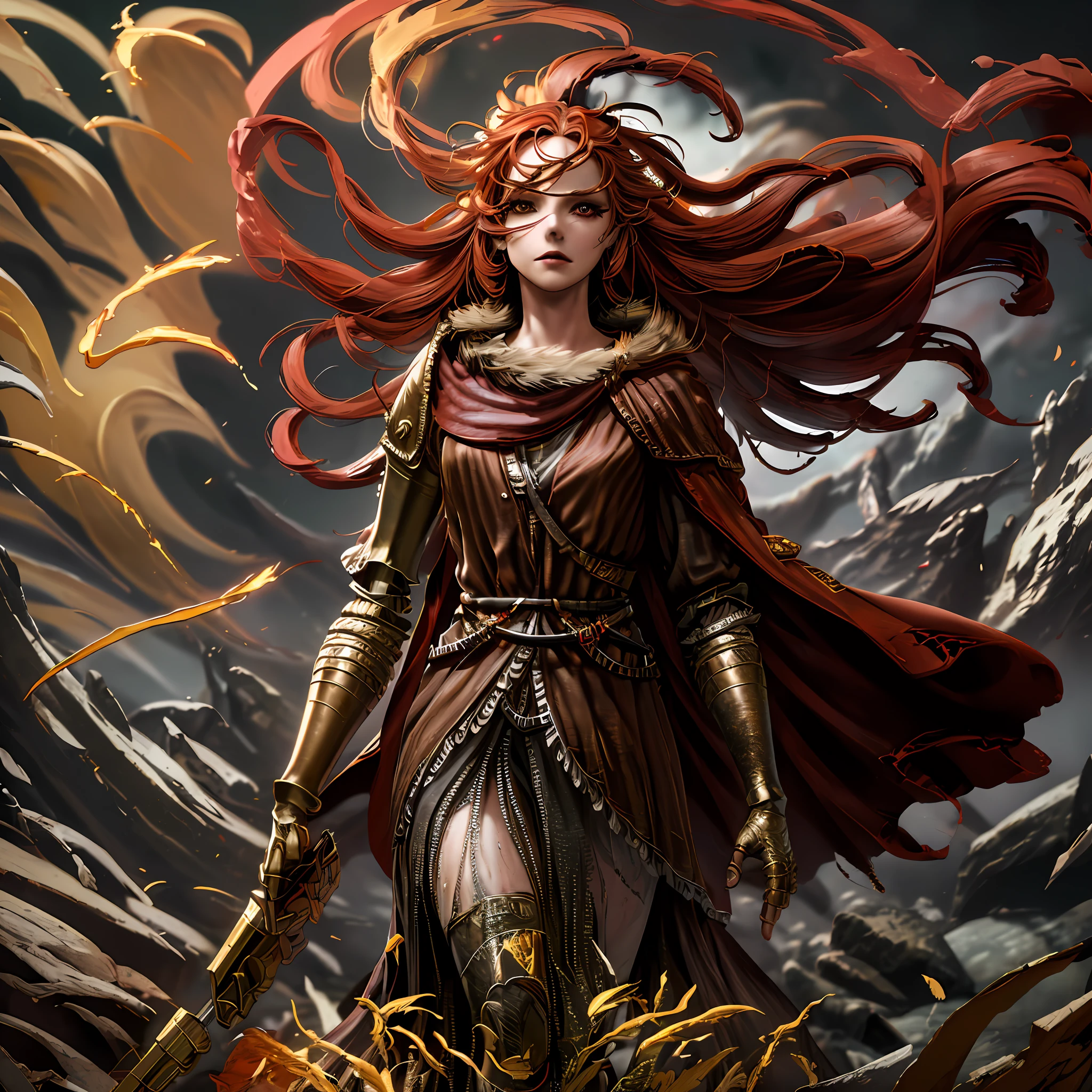 ((Dynamic and high-energy illustration)), an intense and captivating scene featuring a ((strong and fierce woman warrior)). With her cape dramatically torn in red, she stands tall, her ((golden knuckle hands)) ready for battle and her long, wavy ((red hair)) flowing in the wind. Her rippling muscles indicate her strength and readiness to defeat any foe. In her hands, she holds a sword that ((drags on the ground, sending sparks flying)), as she stands amidst a stunning backdrop of ((wildflowers and weeds)).