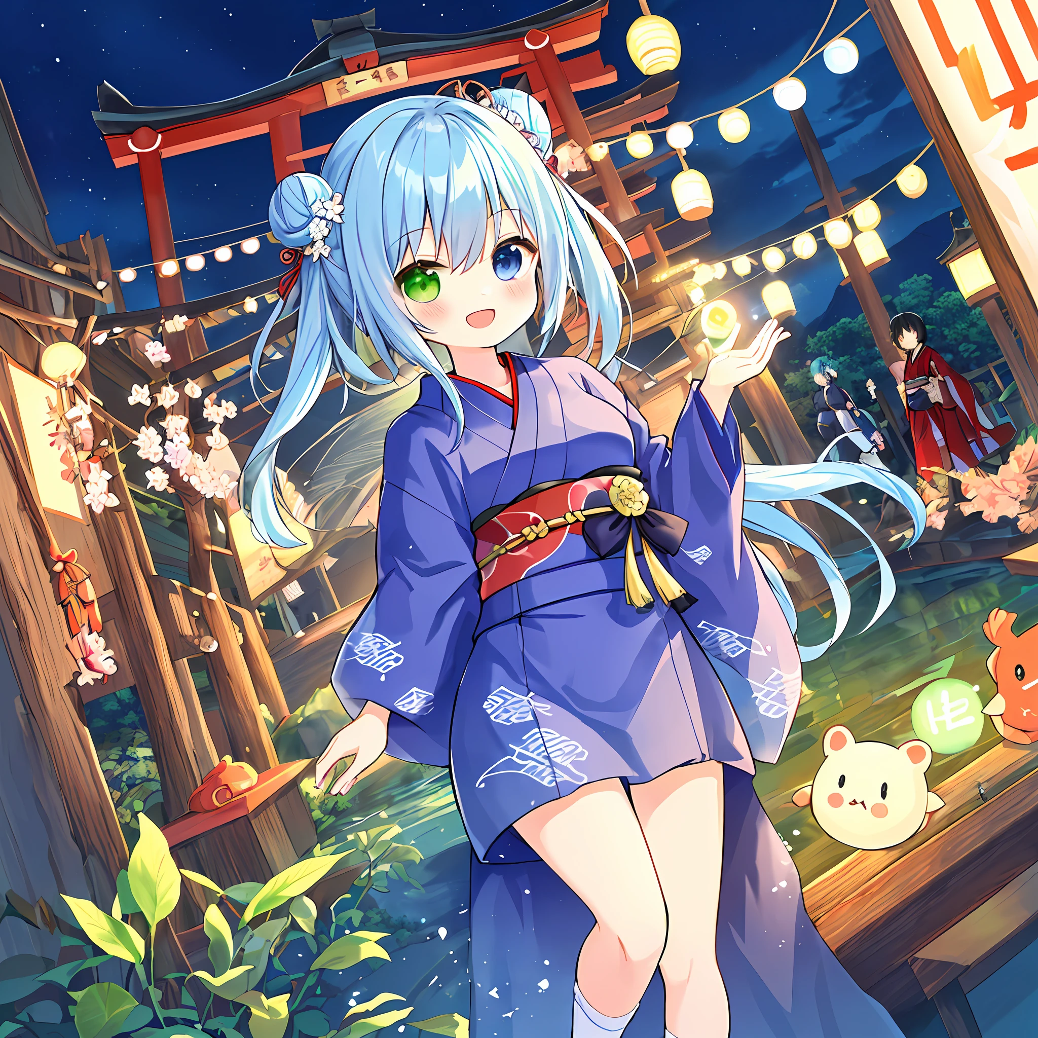 "Kyoto Animation" style anime illustrations, top quality, (cute: 1.1), (cute), (high resolution: 1.2), incredibly ridiculous: 1.3, incredibly fine illustrations, cute girls, (heterochromia, light blue eyes and light green eyes), solo, standing figure, happy, :d, masterpiece, top quality, absurdity, high resolution, official art, (cute: 1.8), (( Chibi character: 1.5)), solo, ((light blue hair, bun hair, kanzashi)), thin hair, 1 beautiful girl, (cute: 1.8), caregiver, maid, (((long yukata, illustration of morning glory, indigo color, luxurious obi)), watch the viewer, from the front, princess eyes, big breasts, from the front, Japan festival, night shop, cute geta, deformed character, holding a goldfish drawstring,