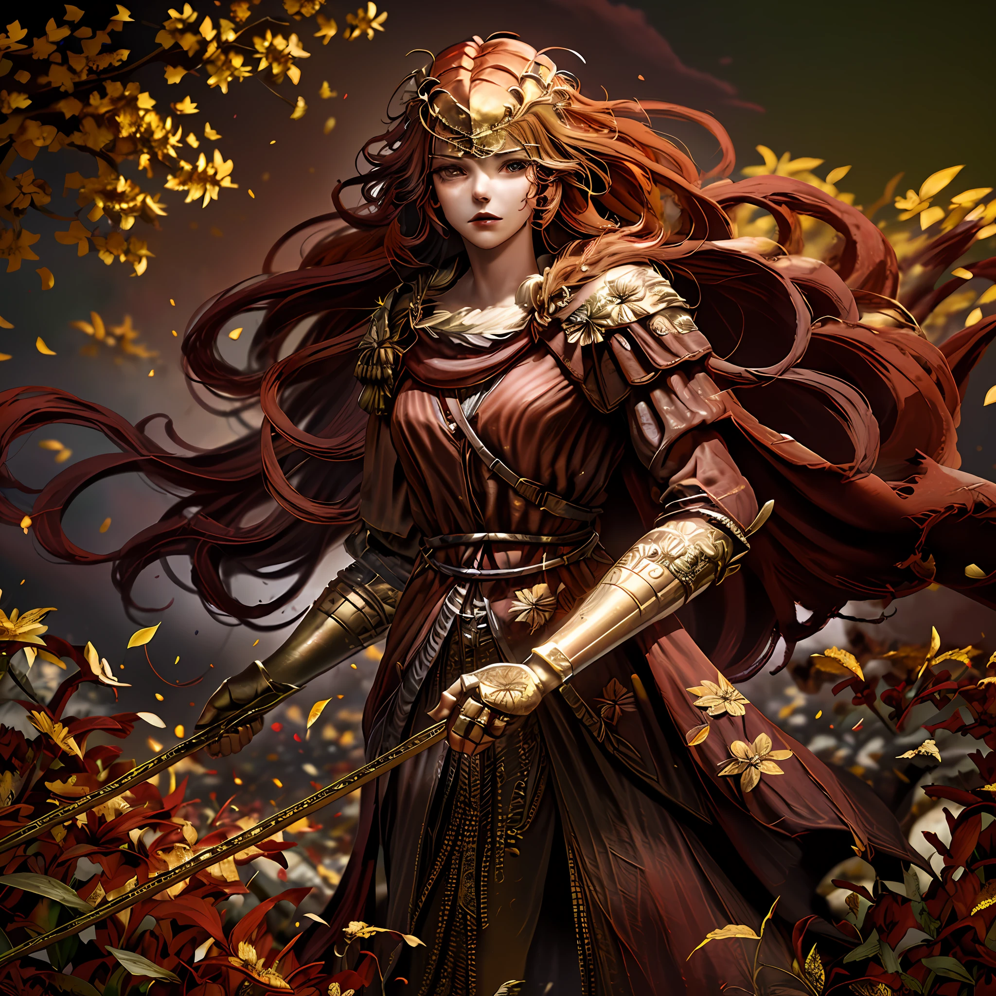 Woman, Fighting , Cape red is torn ,((Knuckle golden hands,)) ((long wavy red hair)), muscles , ((Hold me a sword that drags on the ground, ((sparks)),((weed flowers background ))