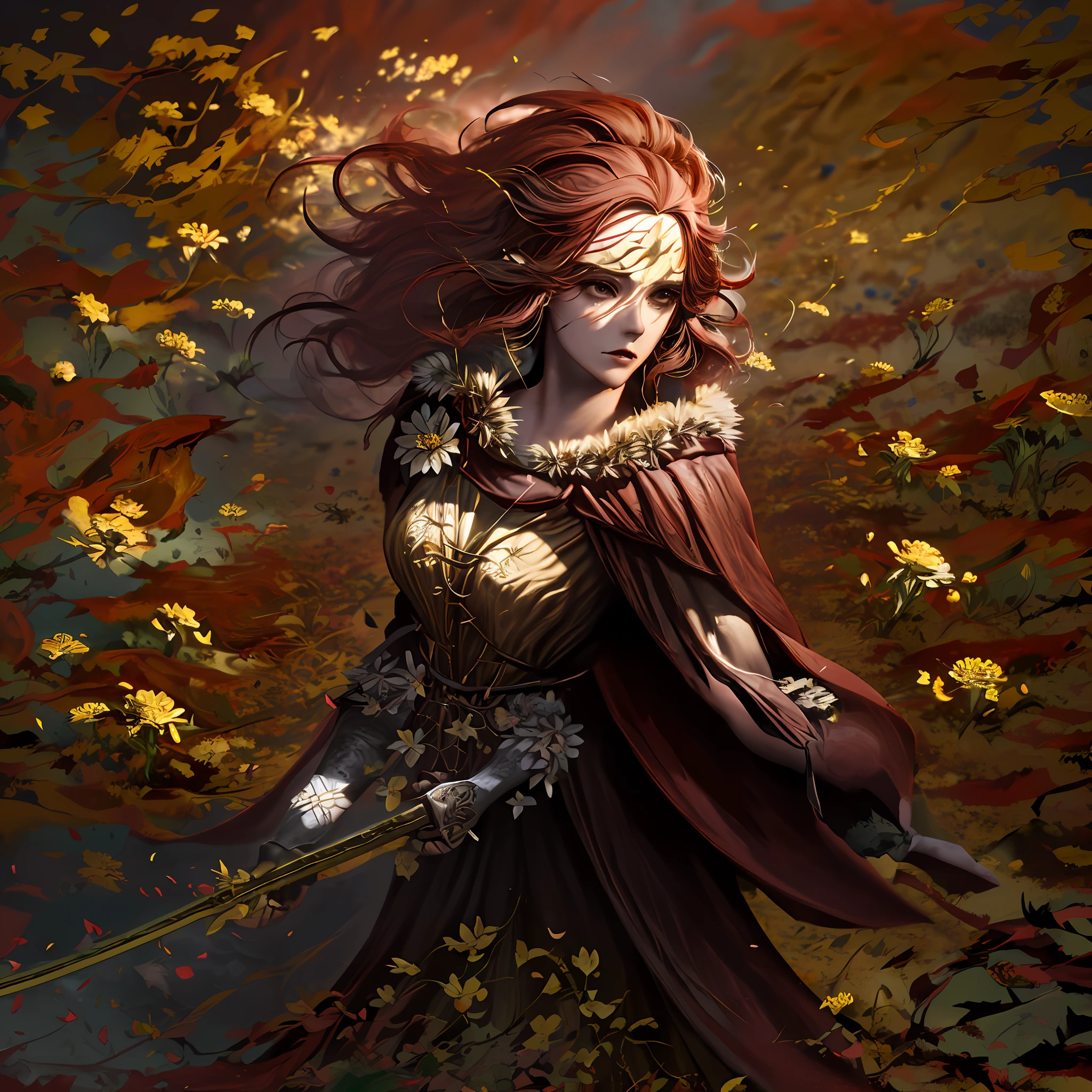 Woman, Fighting , Cape red is torn ,((Knuckle golden hands,)) ((long wavy red hair)), muscles , ((Hold me a sword that drags on the ground, ((sparks)),((weed flowers background ))