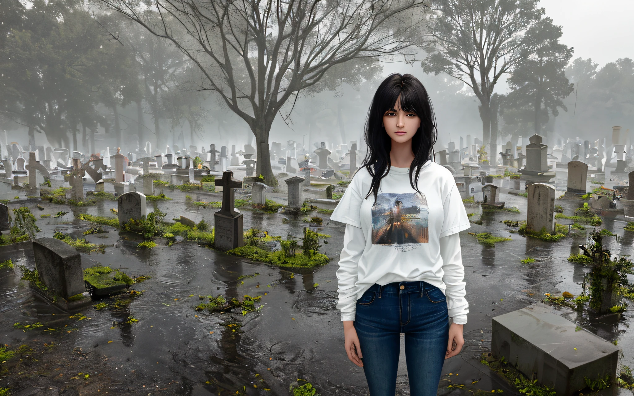 A white woman with big black hair brown eyes wearing a pair of jeans and an extremely realistic long-sleeved T-shirt (best quality, masterpiece), (dark sky, heavy rain, inside an abandoned cemetery, stagnant water of low water level, ), realistic background, 2112, light*_black_particle,