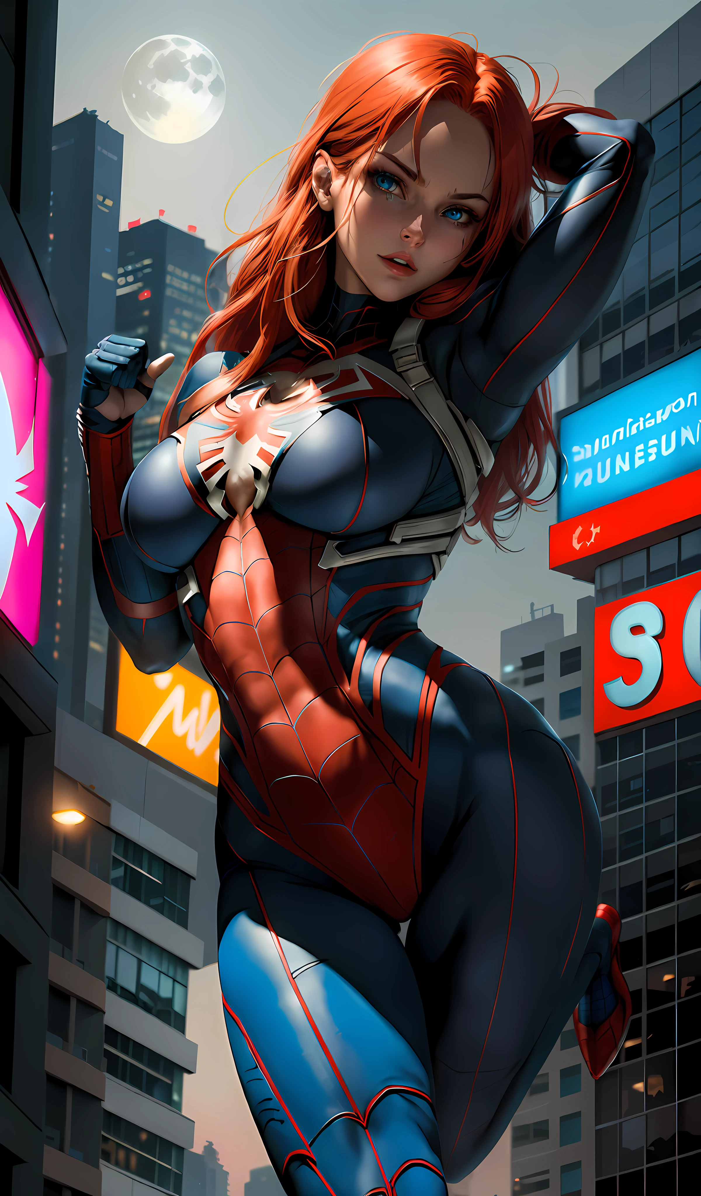 (Masterpiece, 4k resolution, ultra-realistic, very detailed), (White superhero theme, charismatic, there is a girl at the top of the cyberpunk city, neon, neon signs, wearing a venom costume, she is a superheroine), [ ((gorgeous), (long red hair: 1.2), (big breasts in deep neckline: 1.2), whole body, (blue eyes: 1.2), ((dynamic Spider-Man pose), show of strength,  jump from one building to another), ((cyberpunk urban environment):0.8)| (cityscape, night, dynamic lights), (full moon))], (beautiful hands, beautiful fingers, well drawn hands, delicate hand)