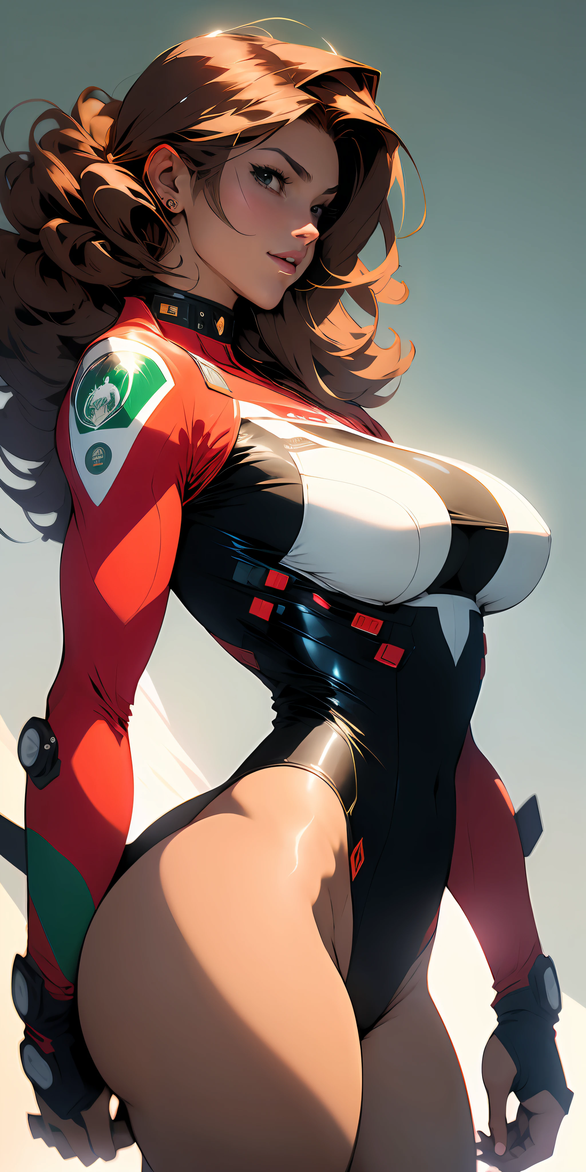 ((Best quality)), ((masterpiece)), (detailed: 1.4), (Absurd), Fighter pilot Latina woman ready for war, Mexico, defined muscular sculptural body, half thick naked thighs, closed mouth, very tanned and shiny skin, only in panties, muscular body covered by technological clothing, Neon Genesis Evangelion style, cyberpunk, generous neckline, ((perfect large breasts)), (brown eyes without pupils), ((dark green clothing,   red and white)), (((clothing based on the flag of Mexico)))), (((curly brown hair))), ((large drawings of an eagle on the arms)), long manga-style eyelashes, short underwear, garter belt, by mucha, niji --V5, close to real, psychopath, crazy face, sexy pose, background with a giant Gundam-style robot head, 2-piece clothing, shoulder pads, airplane wings on the back,  pastel, centered, scale to fit dimensions, HDR (High Dynamic Range),Ray Tracing,NVIDIA RTX,Super-Resolution,Unreal 5,Subsurface dispersion, PBR texture, Post-processing, Anisotropic filtering, Depth of field, Maximum clarity and sharpness, Multilayer textures, Albedo and specular maps, Surface shading, Accurate simulation of light-material interaction, Perfect proportions, Octane Render, Two-tone lighting, Wide aperture,  Low ISO, White balance, Rule of thirds, 8K RAW, crysisnanosuit