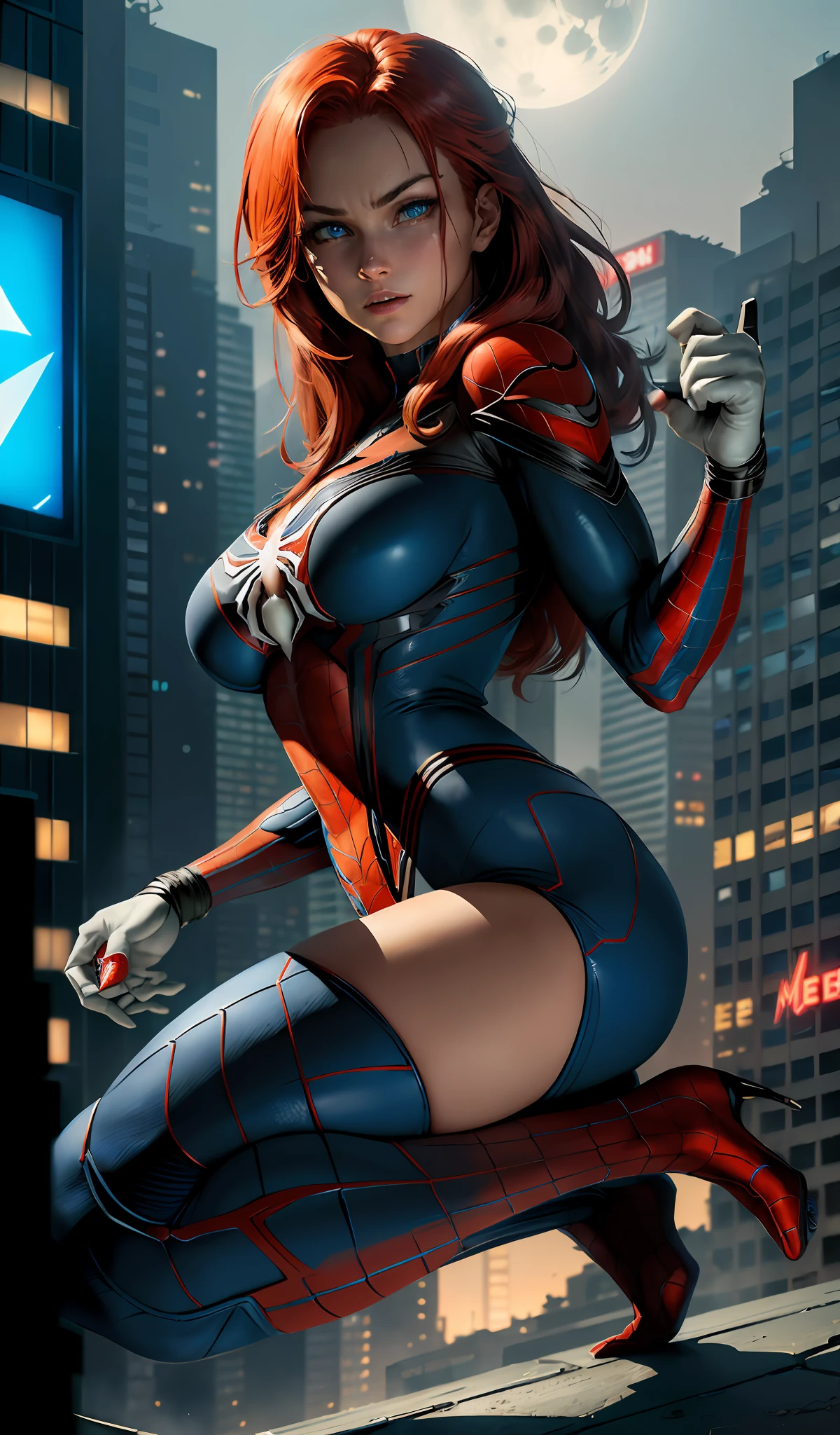 (Masterpiece, 4k resolution, ultra-realistic, very detailed), (White superhero theme, charismatic, there is a girl at the top of the cyberpunk city, neon, neon signs, wearing a venom costume, she is a superheroine), [ ((gorgeous), (long red hair: 1.2), (big breasts in deep neckline: 1.2), whole body, (blue eyes: 1.2), ((dynamic Spider-Man pose), show of strength,  jump from one building to another), ((cyberpunk urban environment):0.8)| (cityscape, night, dynamic lights), (full moon))], (beautiful hands, beautiful fingers, well drawn hands, delicate hand)