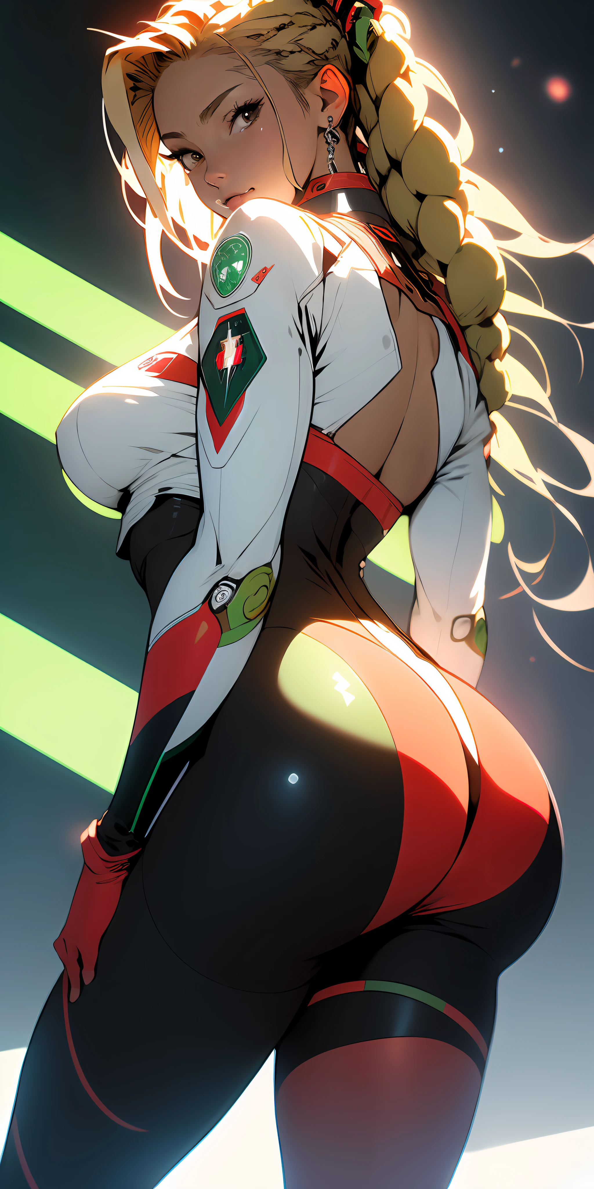 ((Best quality)), ((masterpiece)), (detailed: 1.4), (Absurd), Fighter pilot Latina woman ready for war, back, perfect ass, Mexico, defined muscular sculptural body, half thick bare thighs, closed mouth, very tanned and shiny skin, only in panties, muscular body covered by technological clothing, Neon Genesis Evangelion style, cyberpunk, generous neckline, ((perfect large breasts)), (brown eyes without pupils), ((dark green, red and white clothing)), ((((clothing based on the flag of Mexico))), (((blonde hair with Rastafarian-style braids)))), ((large drawings of an eagle on the arms)), long manga-style eyelashes, short underwear, garter belt, by mucha, niji --V5, close to real, psychopathic, crazy face, sexy pose, background with a giant Gundam-style robot head, 2 piece clothing, shoulder pads, airplane wings on the back, pastel, centered, scale to fit dimensions, HDR (High Dynamic Range),Ray Tracing,NVIDIA RTX,Super-Resolution,Unreal 5,Subsurface dispersion, PBR texture, Post-processing, Anisotropic filtering, Depth of field, Maximum clarity and sharpness, Multilayer textures, Albedo and specular maps, Surface shading, Accurate simulation of light-material interaction, Perfect proportions, Octane Render, Two-tone lighting, Wide aperture, Low ISO, White balance, Rule of thirds, 8K RAW, crysisnanosuit