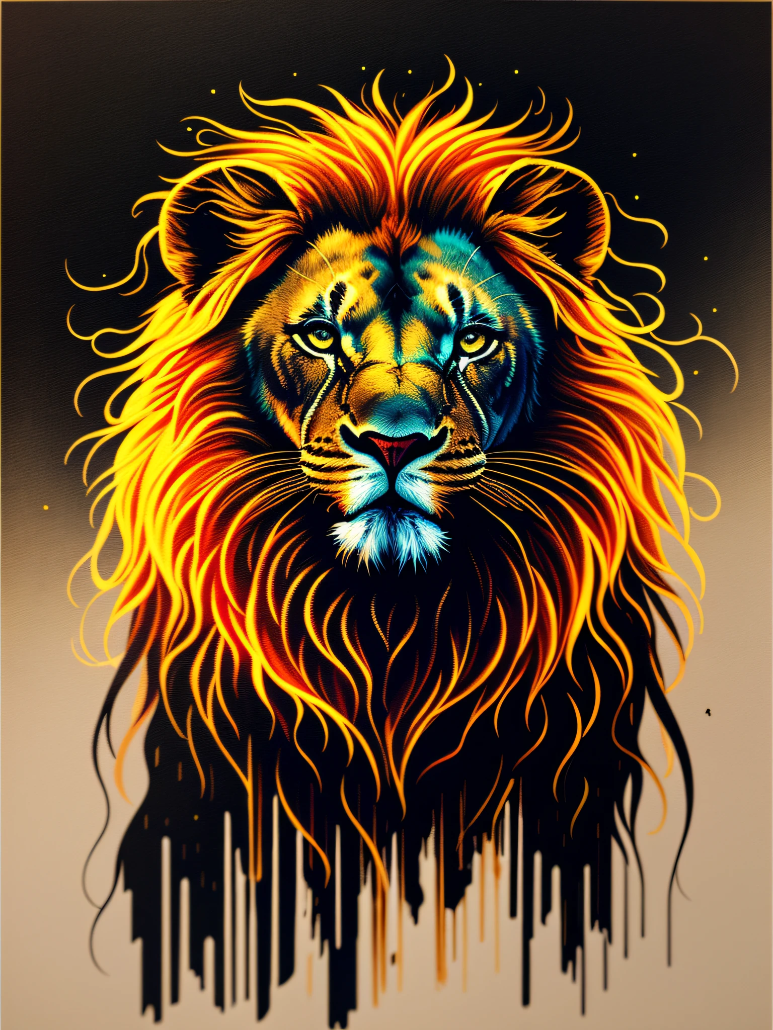 painting of a lion with a colorful mane and a black background, fire lion, art of alessandro pautasso, lion head, by Justin Gerard, lion's mane, lion, the mane of a lion, jen bartel, with the mane of a lion, highly detailed vector art, by derek zabrocki, in the style dan mumford artwork, dan mumford paint