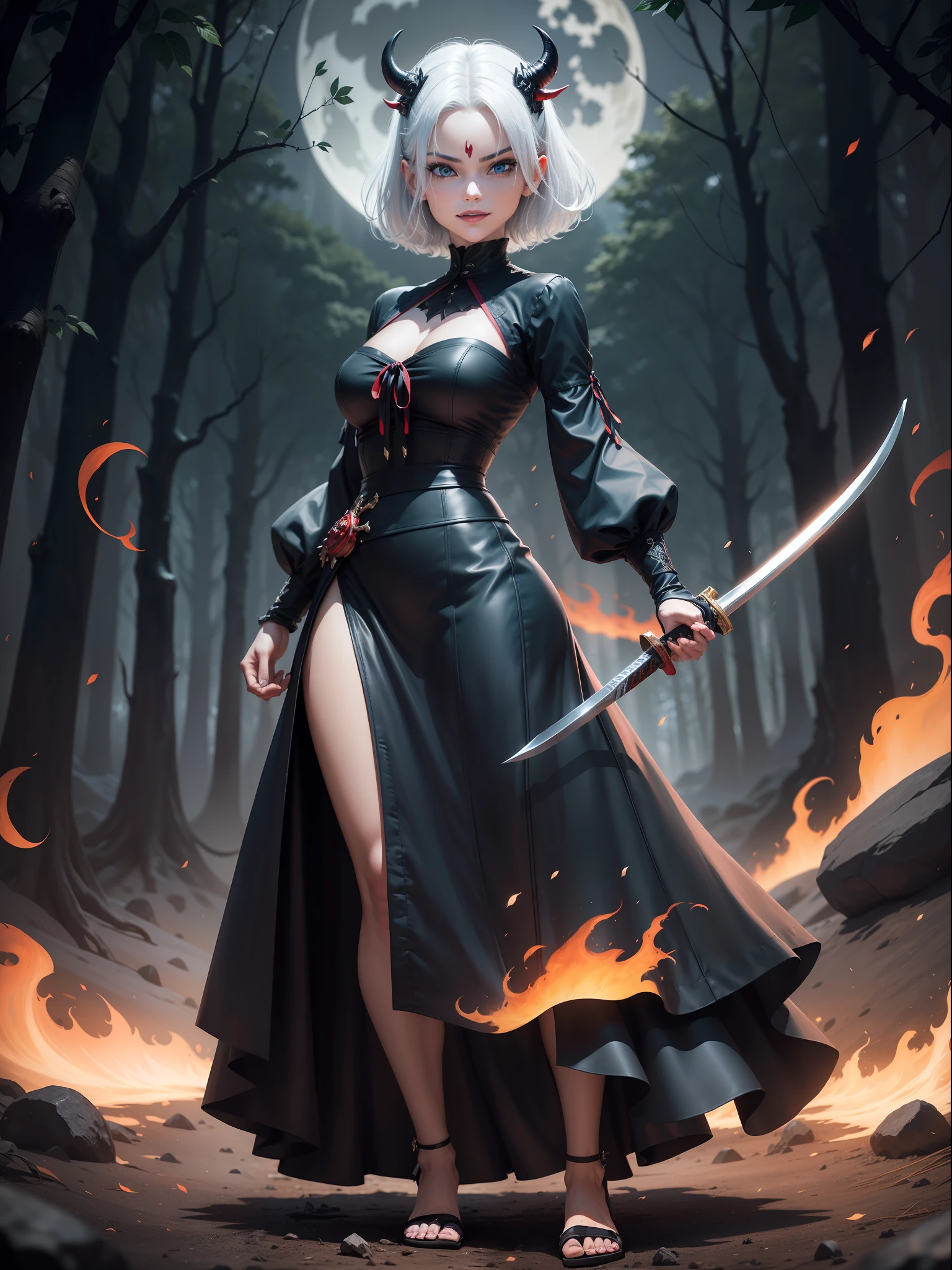 ((full body photo, standing, feet on the ground)), Luriana is very modern, (black with details in red/blouse), black skirt, well-defined body, she wears one (Oni mask with demonic face on her face), looking directly at the viewer, smiling, she is in a forest at night with full moon in the sky, she has (short white hair,  blue eyes), hand closed, fists clenched, this holding a Katana.