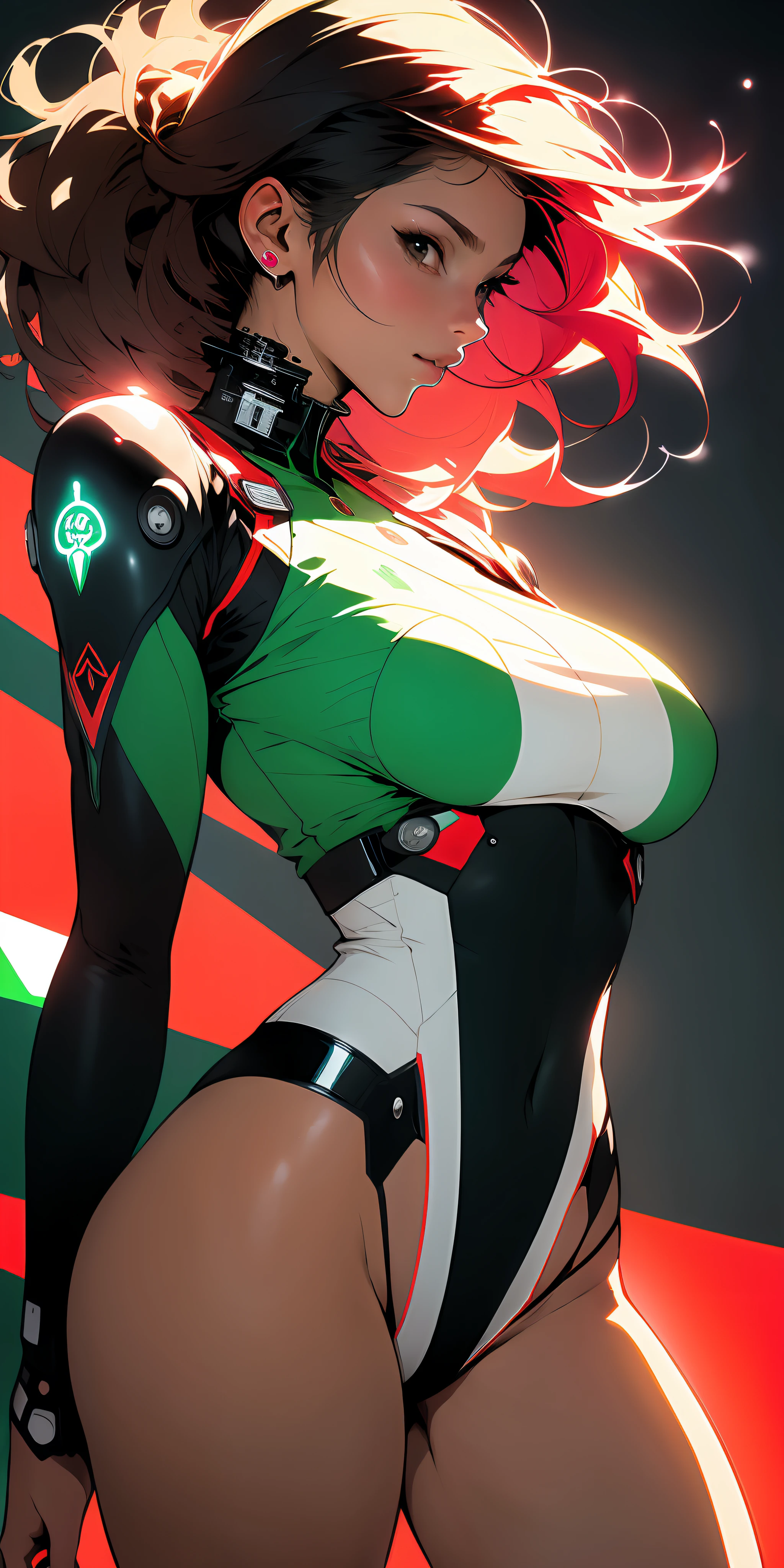 ((Best quality)), ((masterpiece)), (detailed: 1.4), (Absurd), Latin female fighter pilot ready for war, very fleshy mouth, defined muscular sculptural body, bare half-thick thighs, closed mouth, very tanned and shiny skin, only in panties, muscular body covered by technological clothing, Neon Genesis Evangelion style, cyberpunk, generous neckline, ((perfect large breasts)), (brown eyes without pupils),  ((dark green, red and white clothing)), ((((clothing based on the flag of Mexico)))), (((short straight black hair)))), ((drawings of skulls on the arms)), long manga style eyelashes, short underwear, garter belt, by mucha, niji --V5, close to real, psychopath, crazy face, sexy pose, background with a giant Gundam style robot head, 2 piece outfit,  shoulder pads, airplane wings on the back, pastel, centered, scale to fit dimensions, HDR (High Dynamic Range),Ray Tracing,NVIDIA RTX,Super-Resolution,Unreal 5,Subsurface dispersion, PBR texture, Post-processing, Anisotropic filtering, Depth of field, Maximum clarity and sharpness, Multilayer textures, Albedo and specular maps, Surface shading, Accurate simulation of light-material interaction, Perfect proportions, Octane Render,  Two-tone lighting, Wide aperture, Low ISO, White balance, Rule of thirds, 8K RAW, crysisnanosuit