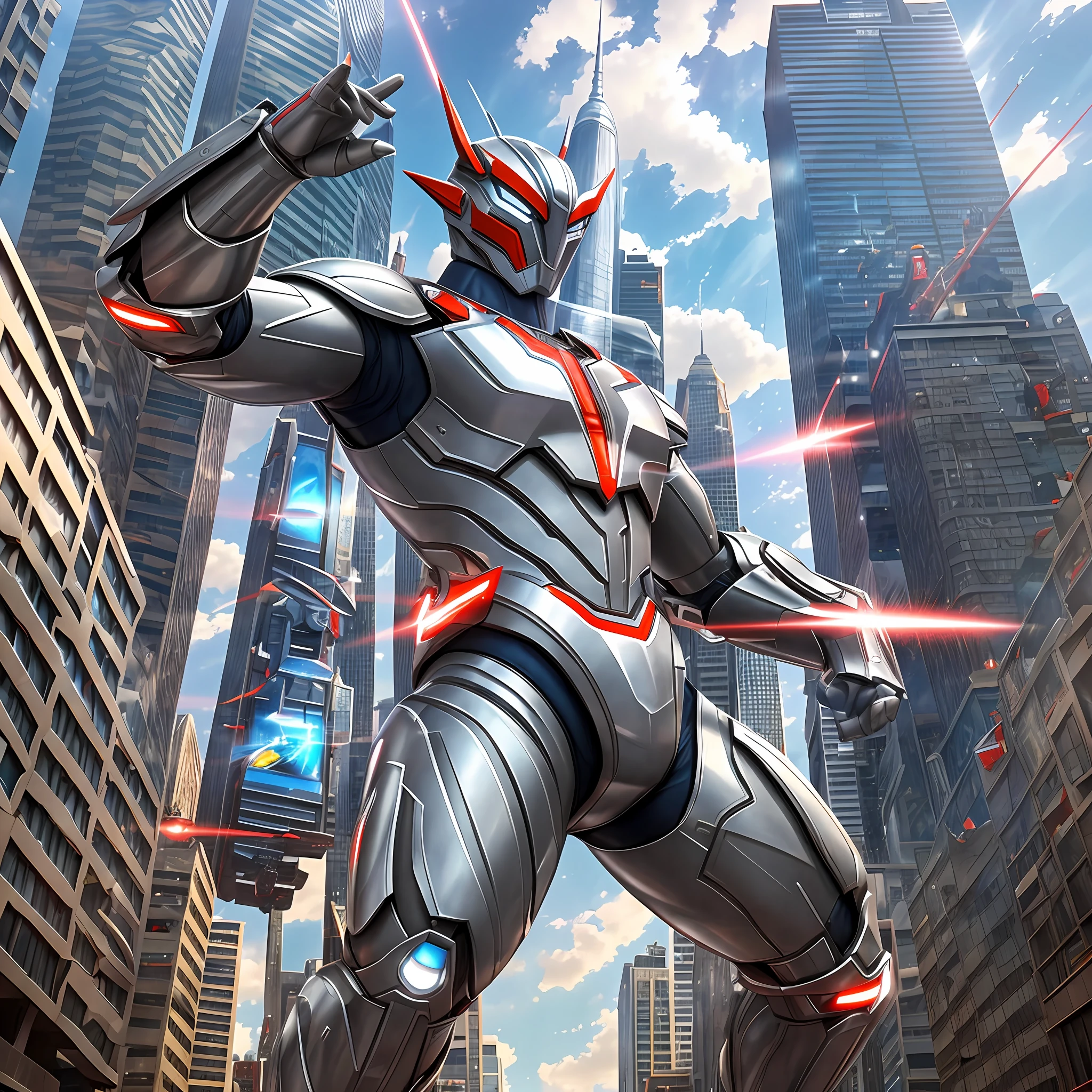 The image has a dynamic perspective, with Ultraman towering over the city and the flying cars zooming past him, Ultraman transforming into a giant robot with red and silver armor, a large sword, and a jetpack