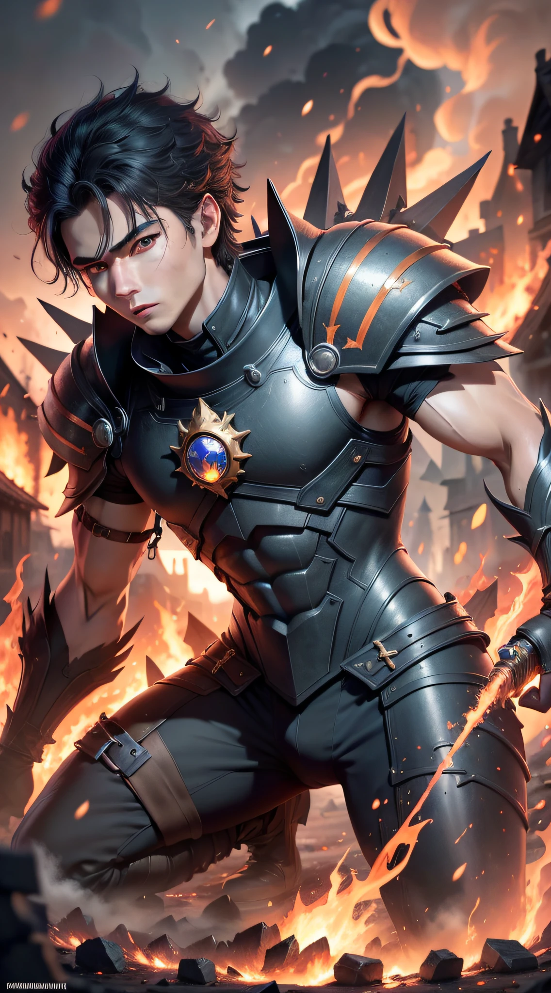 Character Kentarion 16 years old, boy, black hair, fire sword, setting: village destroyed, houses on fire. black creatures, shadow specters, amber eyes, Conceptual art, cinematic lighting, drop shadow, diffraction spikes, Ultra-Wide Angle, Hasselblad, UHD, masterpiece, anatomically correct, 1080P, 4K, 8k, best quality