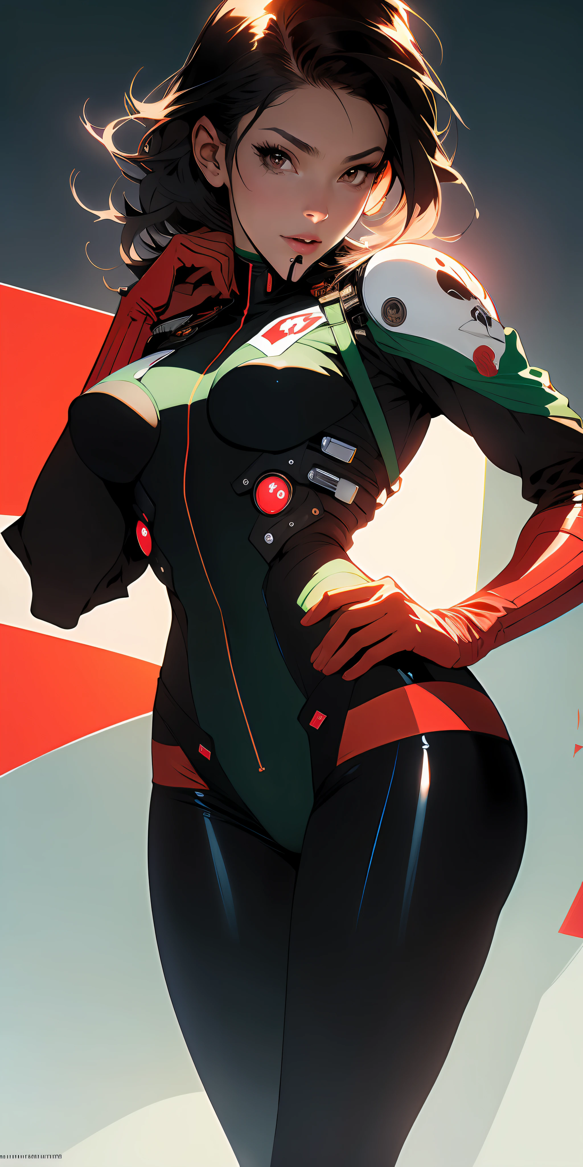 ((Best quality)), ((masterpiece)), (detailed: 1.4), (Absurd), Latin female fighter pilot ready for war, very fleshy mouth, defined muscular sculptural body, bare half-thick thighs, closed mouth, very tanned and shiny skin, only in panties, muscular body covered by technological clothing, Neon Genesis Evangelion style, cyberpunk, generous neckline, ((perfect large breasts)), (brown eyes without pupils), ((dark green, red and white clothing)), ((((clothing based on the flag of Mexico)))), (((short straight black hair)))), ((drawings of skulls on the arms)), long manga style eyelashes, short underwear, garter belt, by mucha, niji --V5, close to real, psychopath, crazy face, sexy pose, background with a giant Gundam style robot head, 2 piece outfit, shoulder pads, airplane wings on the back, pastel, centered, scale to fit dimensions, HDR (High Dynamic Range),Ray Tracing,NVIDIA RTX,Super-Resolution,Unreal 5,Subsurface dispersion, PBR texture, Post-processing, Anisotropic filtering, Depth of field, Maximum clarity and sharpness, Multilayer textures, Albedo and specular maps, Surface shading, Accurate simulation of light-material interaction, Perfect proportions, Octane Render, Two-tone lighting, Wide aperture, Low ISO, White balance, Rule of thirds, 8K RAW, crysisnanosuit