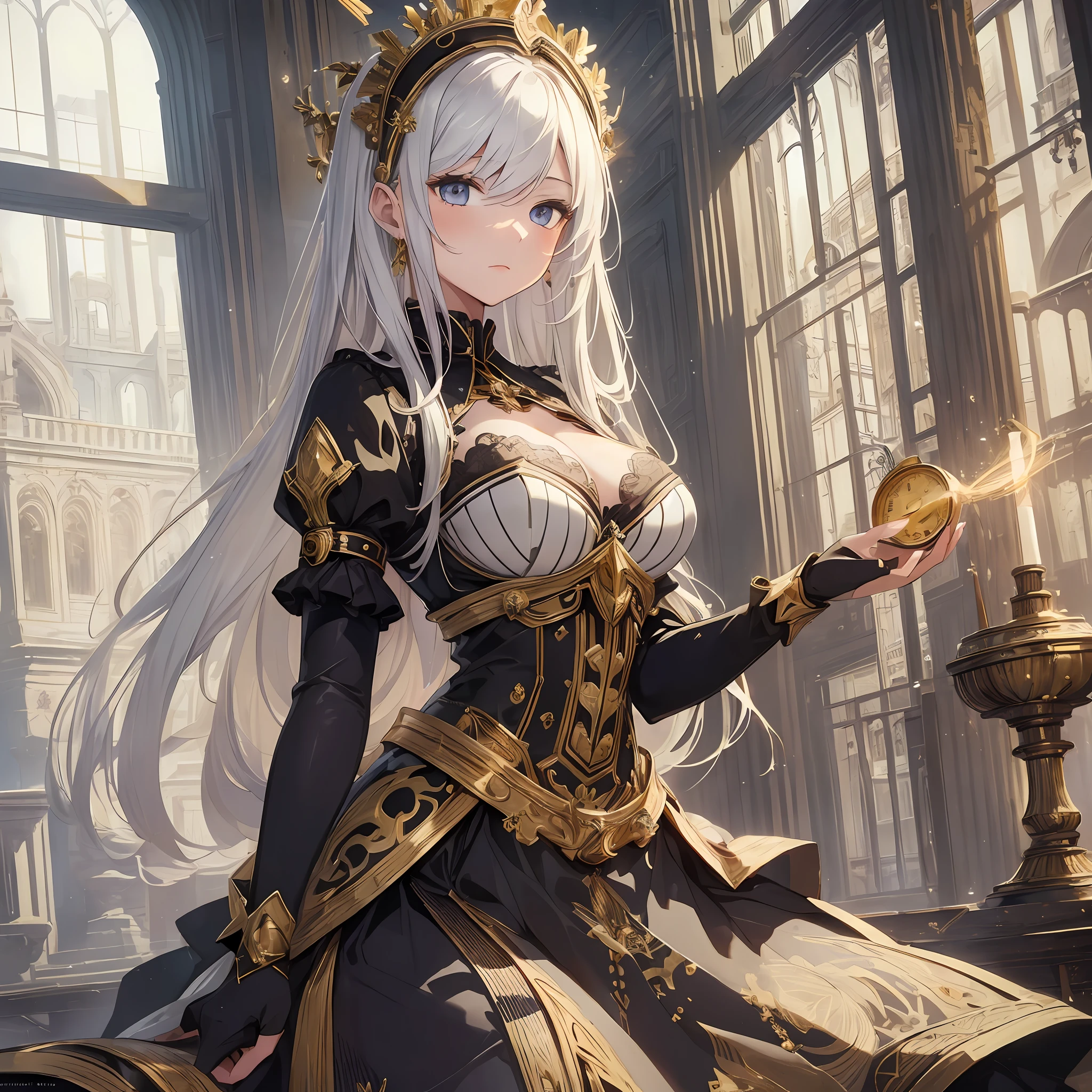 (((masterpiece))), best quality, beautiful girl, (((beautiful face))), ((lady)), gold_eyes, medium_breasts, automata, maid_dress, clockwork halo