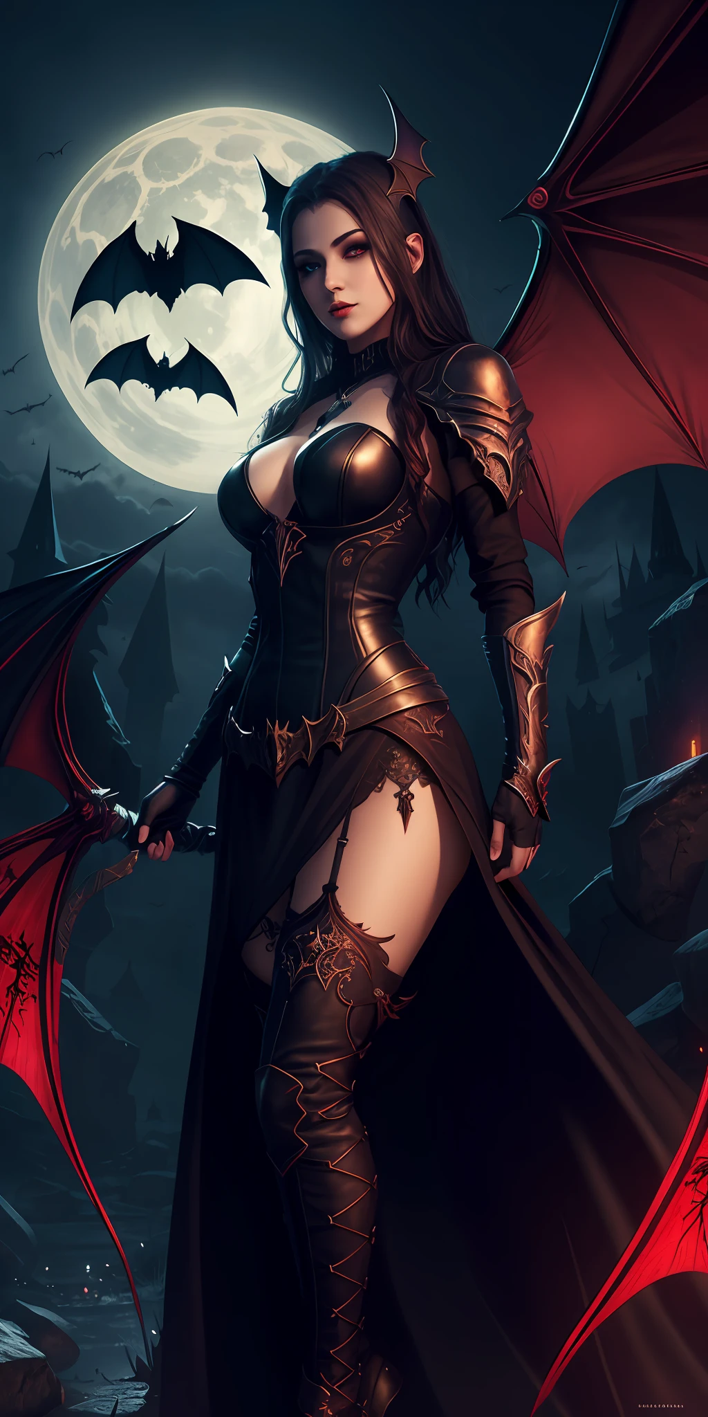 Fine, (Best Illustration), 8k Resolution, Intricate Details, Best Quality, Realistic, Ultra Detailed, Best Lighting, Best Shadows, Ultra HD, A Necromancer, Night, Magic, Dark Style, Vampire, Bat wings, red glowing eyes