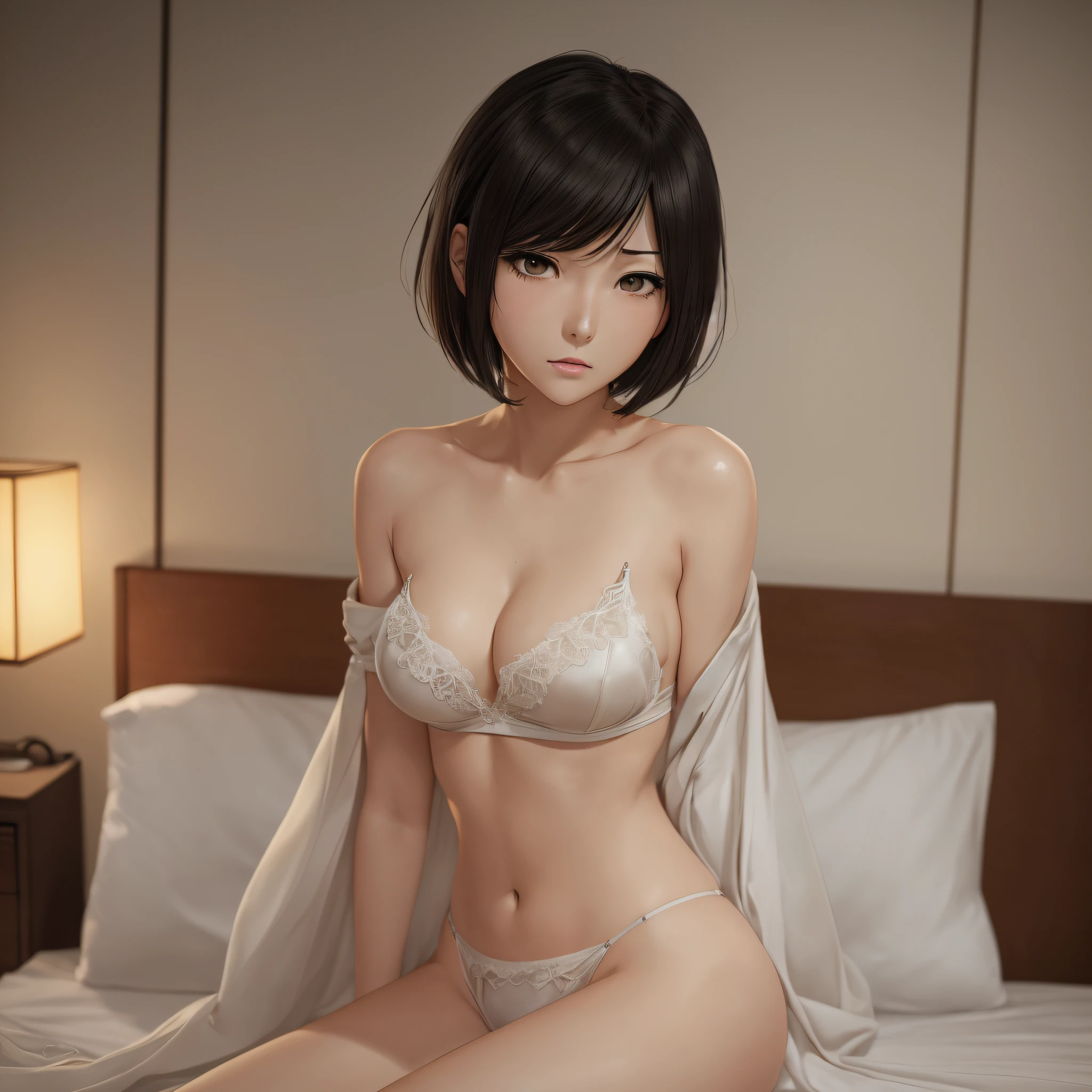 animated, cel shading, absurdres, showa, top quality, (masterpiece: 1.3), high definition, viewfinder, high_resolution, distinct_image, professional animation, very detailed, sexy, slender, small waist, nude,,, kiss marks, high resolution, super detailed, Japan anime, Top quality, very delicate and beautiful illustrations, (one woman), (cover, perfect anatomy, full body, (short hair), black hair, (slim legs), complex hair, detailed eyes, (downcast eyes), black eyes, small mouth, half-open mouth, sweat, moist, skin, flushed, chest, upper eyes, small breasts, frontal, Japan woman, expressionless, ennui, ecstatic, nymphomaniac, loneliness, sexual sensation, Moeka_Kiryu \ (STEINS ; GATE\), Moe Kiryu, looking at viewer, head_tilt, official art, beautiful detailed background, (very delicate and beautiful illustration), depth of field, bokeh, retro, hotel, western room, dim, on bed, sheets, oriental --auto --s2