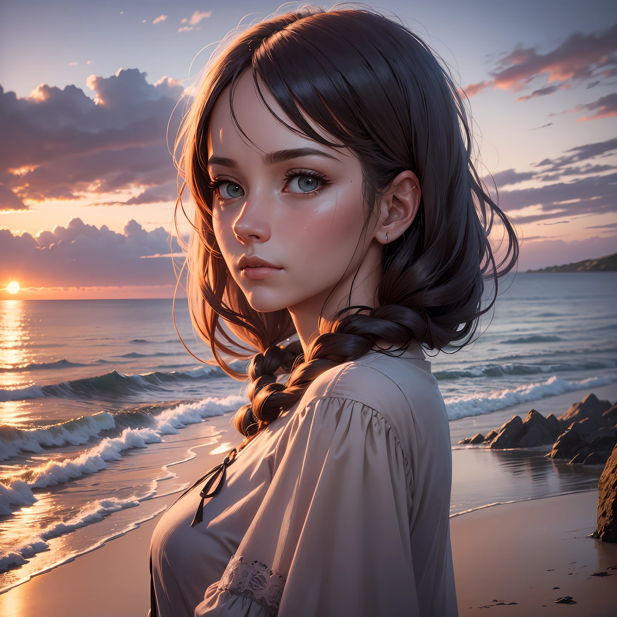 A mysterious woman, named Seraphina, with a beautiful and sad face, looking out to sea in a small coastal town at sunset. Ultra realistic --auto --s2