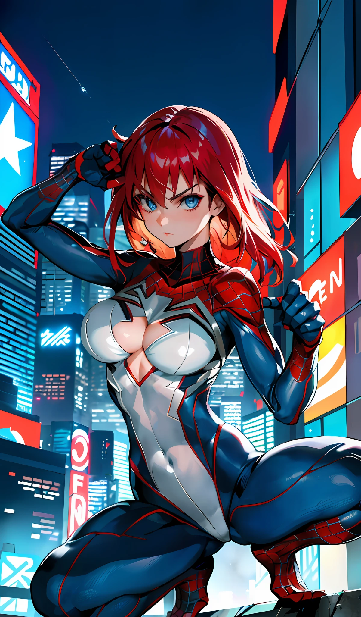 (Masterpiece, 4k resolution, ultra-realistic, very detailed), (White superhero theme, charismatic, there is a girl at the top of the cyberpunk city, neon, neon signs, wearing a venom costume, she is a superheroine), [ ((gorgeous), (long red hair: 1.2), (big breasts in deep neckline: 1.2), whole body, (blue eyes: 1.2), ((dynamic Spider-Man pose), show of strength,  jump from one building to another), ((cyberpunk urban environment):0.8)| (cityscape, night, dynamic lights), (full moon))], (beautiful hands, beautiful fingers, well drawn hands, delicate hand)
