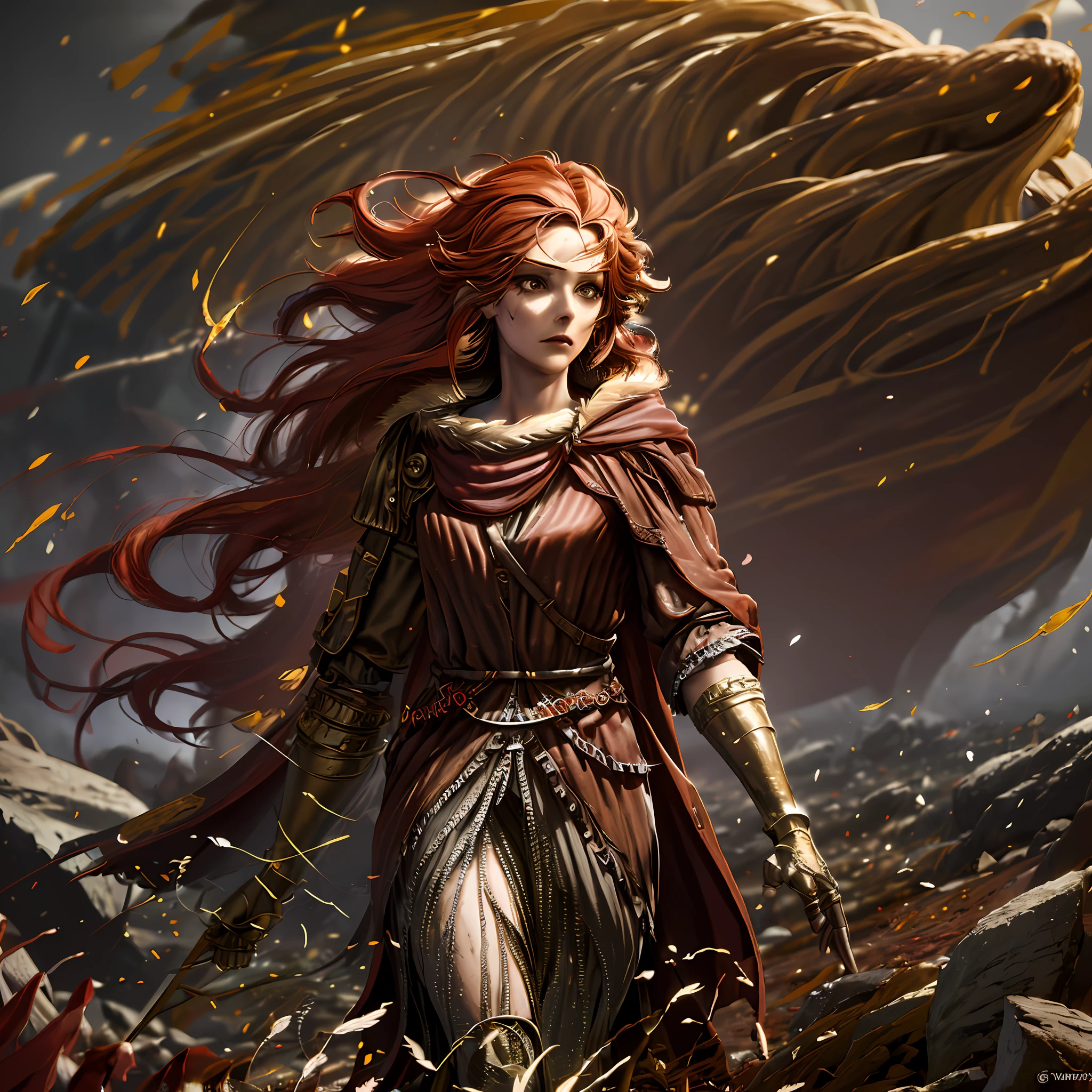 ((Dynamic and high-energy illustration)), an intense and captivating scene featuring a ((strong and fierce woman warrior)). With her cape dramatically torn in red, she stands tall, her ((golden knuckle hands)) ready for battle and her long, wavy ((red hair)) flowing in the wind. Her rippling muscles indicate her strength and readiness to defeat any foe. In her hands, she holds a sword that ((drags on the ground, sending sparks flying)), as she stands amidst a stunning backdrop of ((wildflowers and weeds))