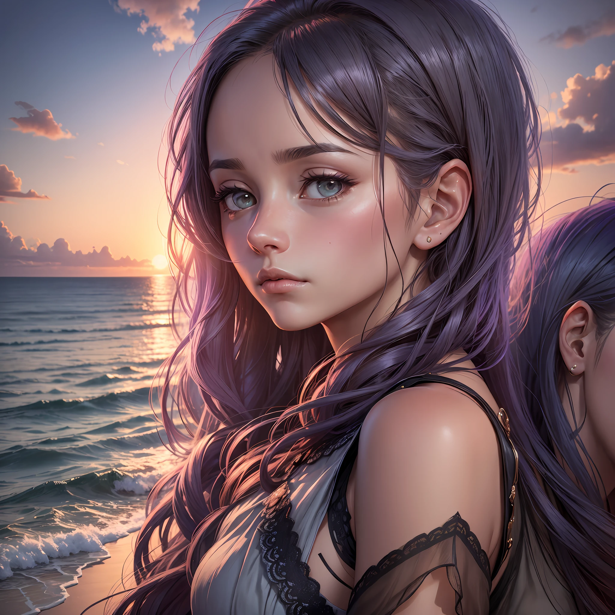 A mysterious woman, named Seraphina, with a beautiful and sad face, looking out to sea in a small coastal town at sunset. Ultra realistic --auto --s2